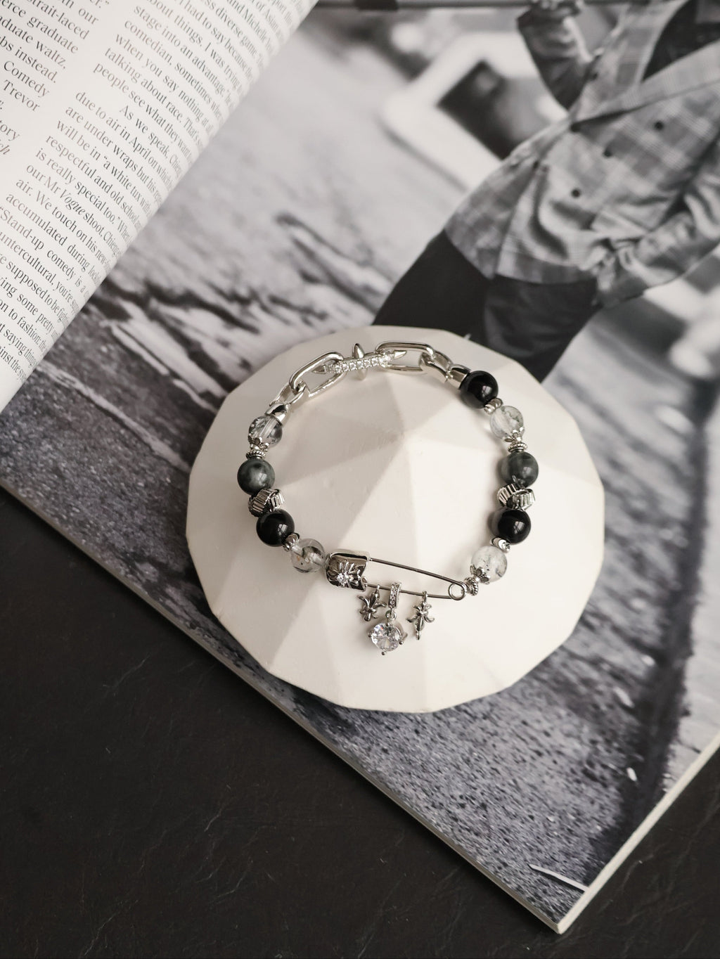 Grey Tiger¡¯s Eye, Black Obsidian & Herkimer Diamond ¡ª Chroel| 8mm (Elastic)