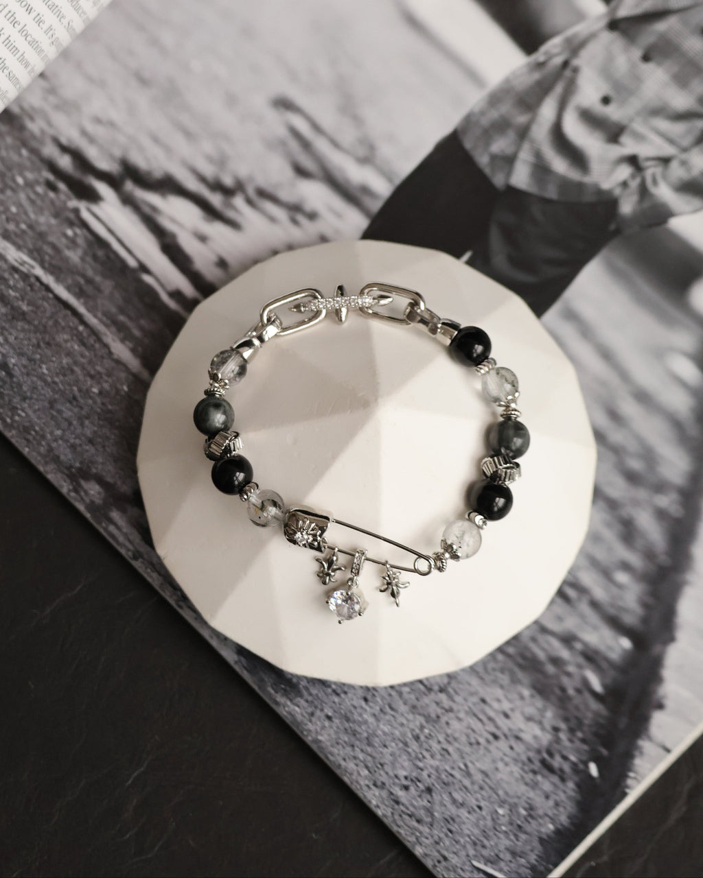 Grey Tiger¡¯s Eye, Black Obsidian & Herkimer Diamond ¡ª Chroel| 8mm (Elastic)