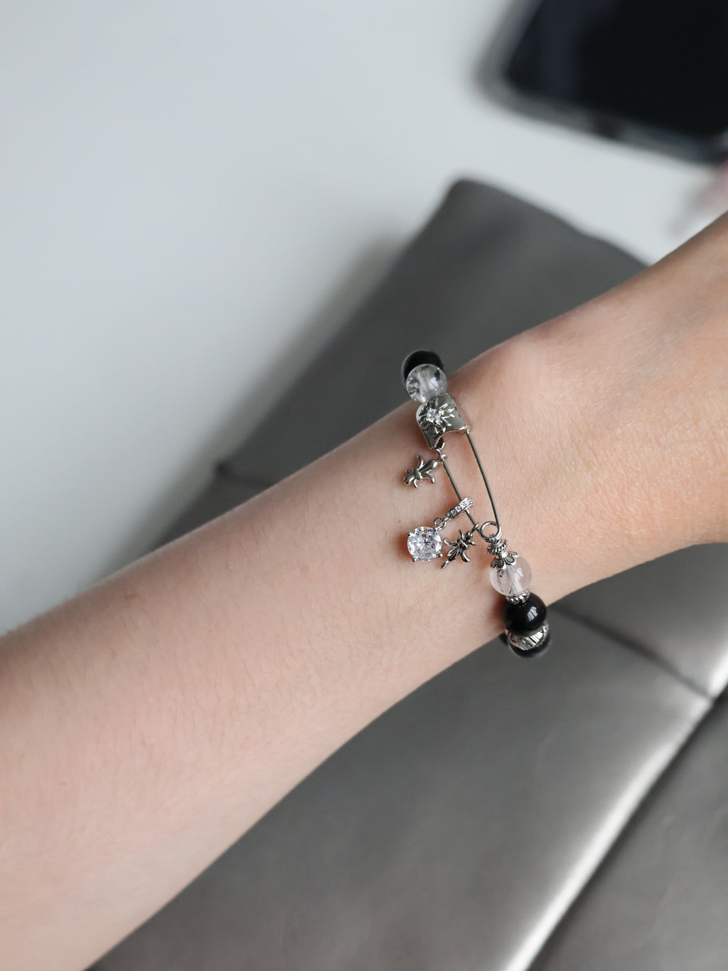 Grey Tiger¡¯s Eye, Black Obsidian & Herkimer Diamond ¡ª Chroel| 8mm (Elastic)
