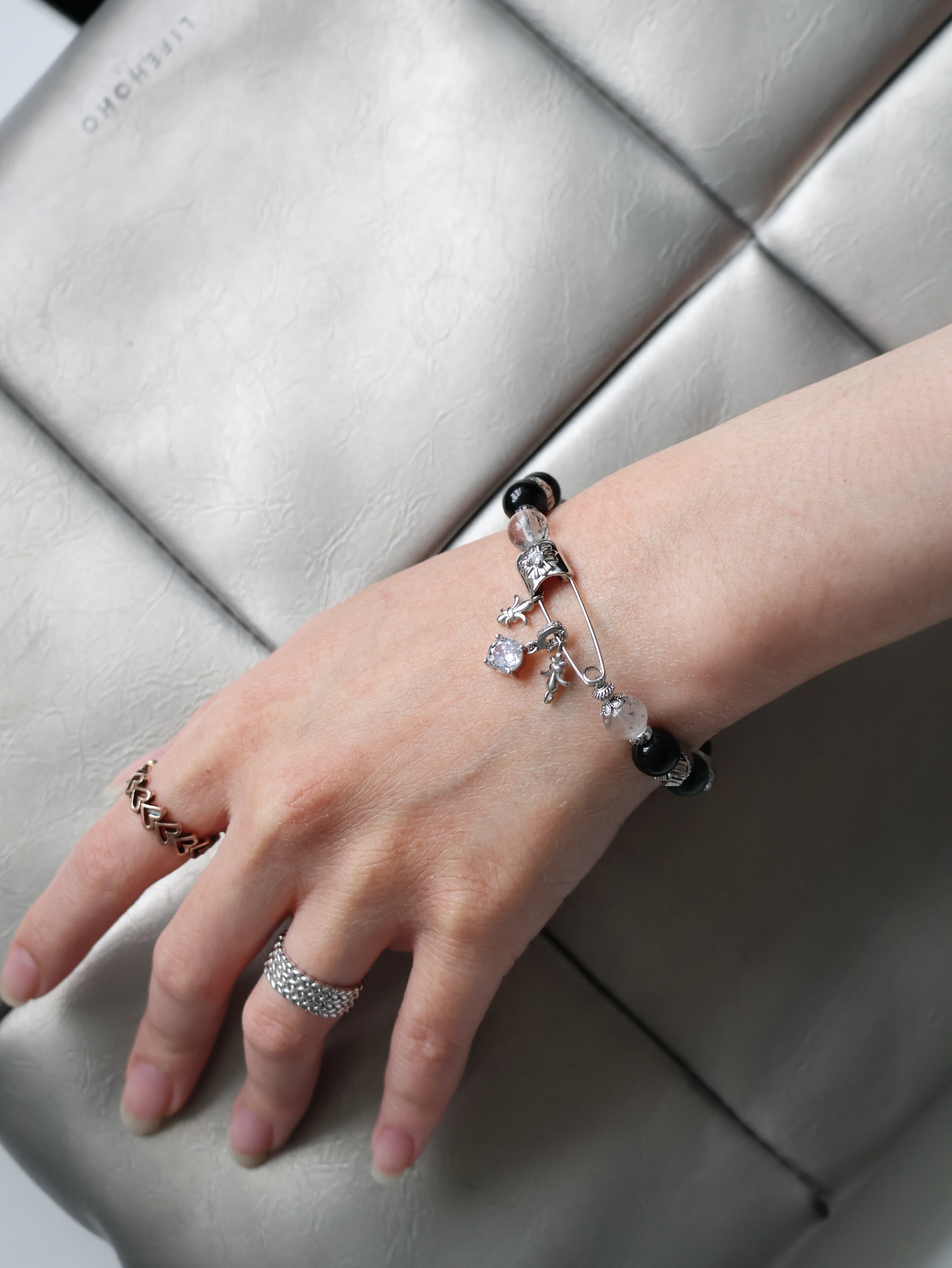 Grey Tiger¡¯s Eye, Black Obsidian & Herkimer Diamond ¡ª Chroel| 8mm (Elastic)
