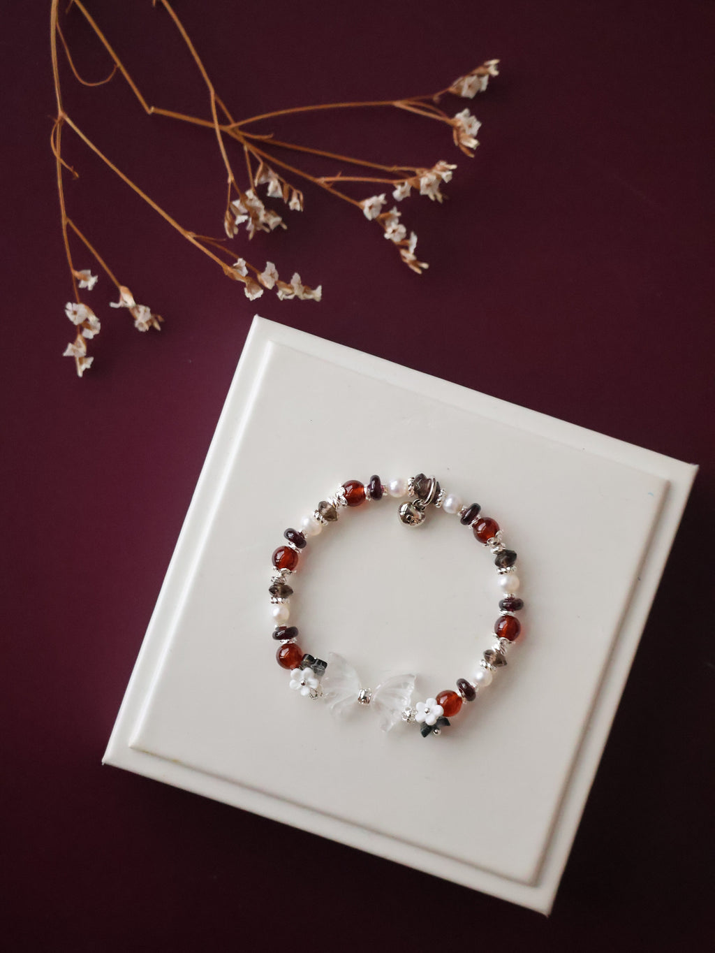 *Luna&Lithoss*  - Erza - 6mm Smoky Quartz, Fresh Water Pearls & Garnet with Clear Quartz Wings Carving (Elastic)