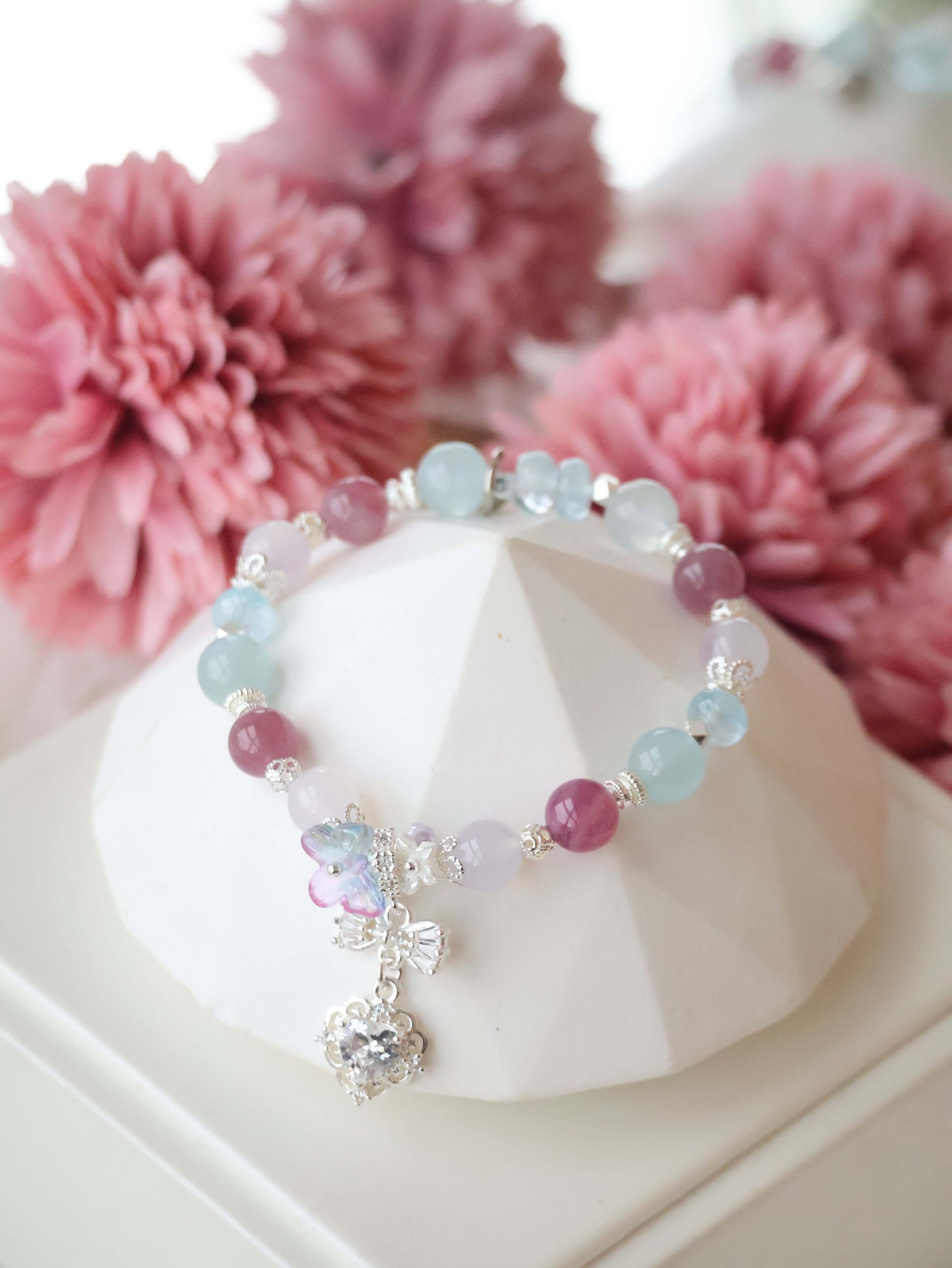 *Luna&Lithoss*  -  Blossara - 8mm Blue Topaz, Aquamarine, Lilac Chalcedony & Lavender Rose Quartz with Dangly Sparkly Heart and Butterfly Rainbow Charm (Elastic)
