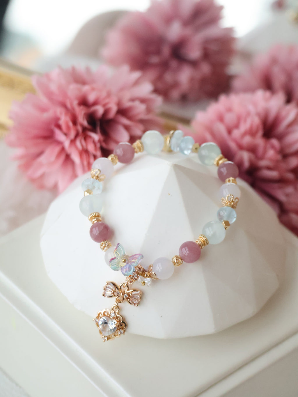 *Luna&Lithoss*  -  Blossara - 8mm Blue Topaz, Aquamarine, Lilac Chalcedony & Lavender Rose Quartz with Dangly Sparkly Heart and Butterfly Rainbow Charm (Elastic)