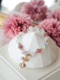 *Luna&Lithoss*  -  Blossara - 8mm Blue Topaz, Aquamarine, Lilac Chalcedony & Lavender Rose Quartz with Dangly Sparkly Heart and Butterfly Rainbow Charm (Elastic)