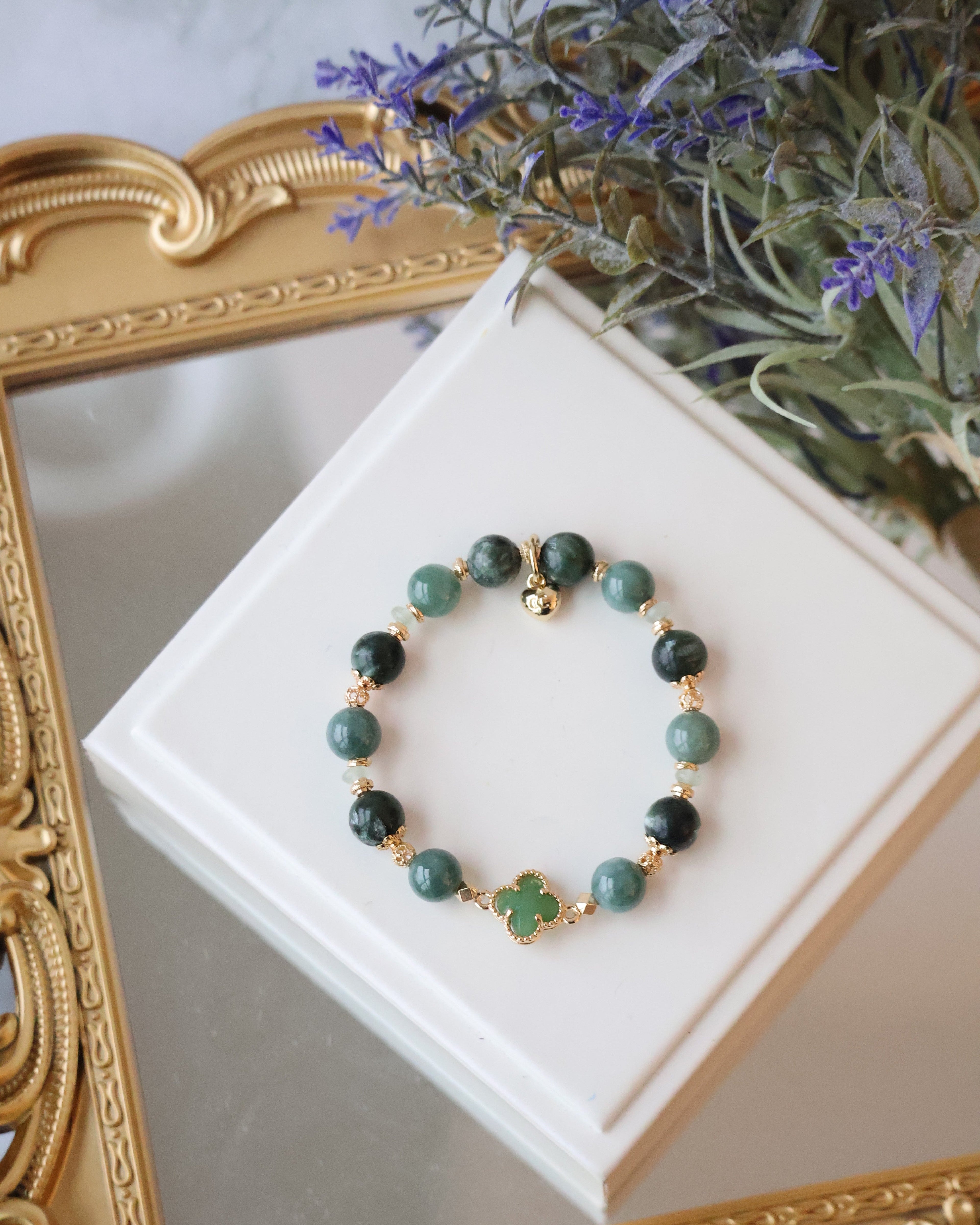 Blue Water Jadeite, Seraphinite & Green Aventurine with Clover ¡ª Viridian | 8mm (Elastic)