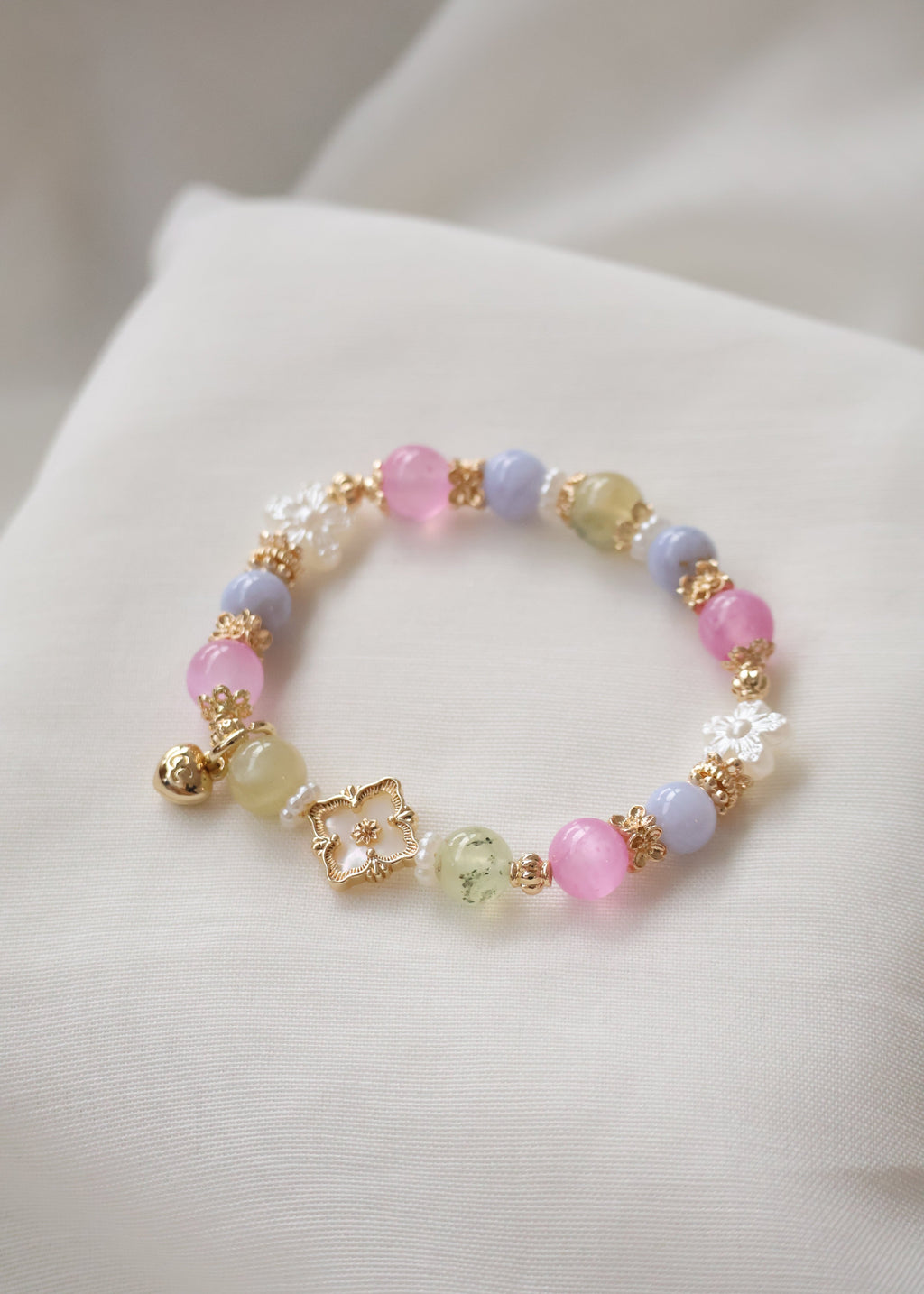 *Luna&Lithoss* Prehnite, Pink Satin Spar & Blue Lace Agate with MOP Clover Natural Crystal Bracelet (Elastic)