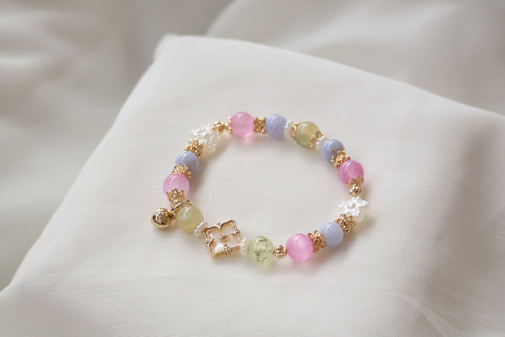 *Luna&Lithoss* Prehnite, Pink Satin Spar & Blue Lace Agate with MOP Clover Natural Crystal Bracelet (Elastic)