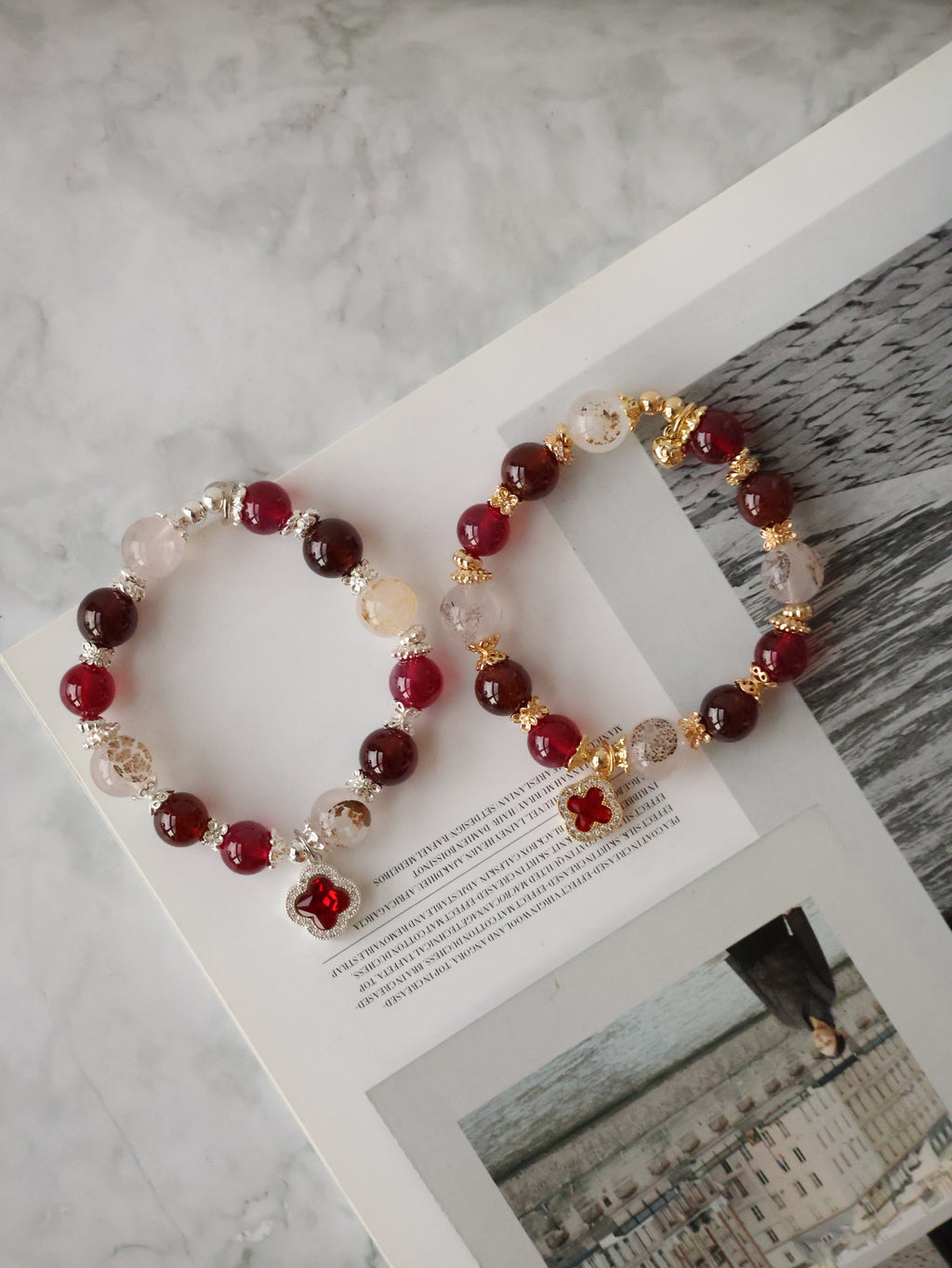*Luna&Lithoss* 10mm Cordelia Twin with Sparkly Clover: Dendrite Rose Quartz, Garnet, Red Star Ruby (Elastic)