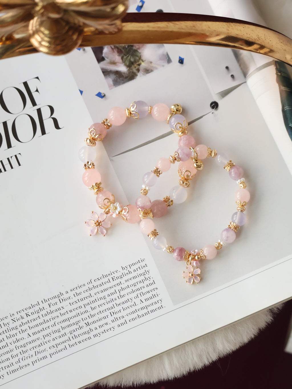 Pink Purple Emerald Mica, Lilac Chalcedony & Rose Quartz with Pink Flower & Mini Flower Bouquet ¡ª Blooming Bouquet | 8mm / 10mm (Elastic)