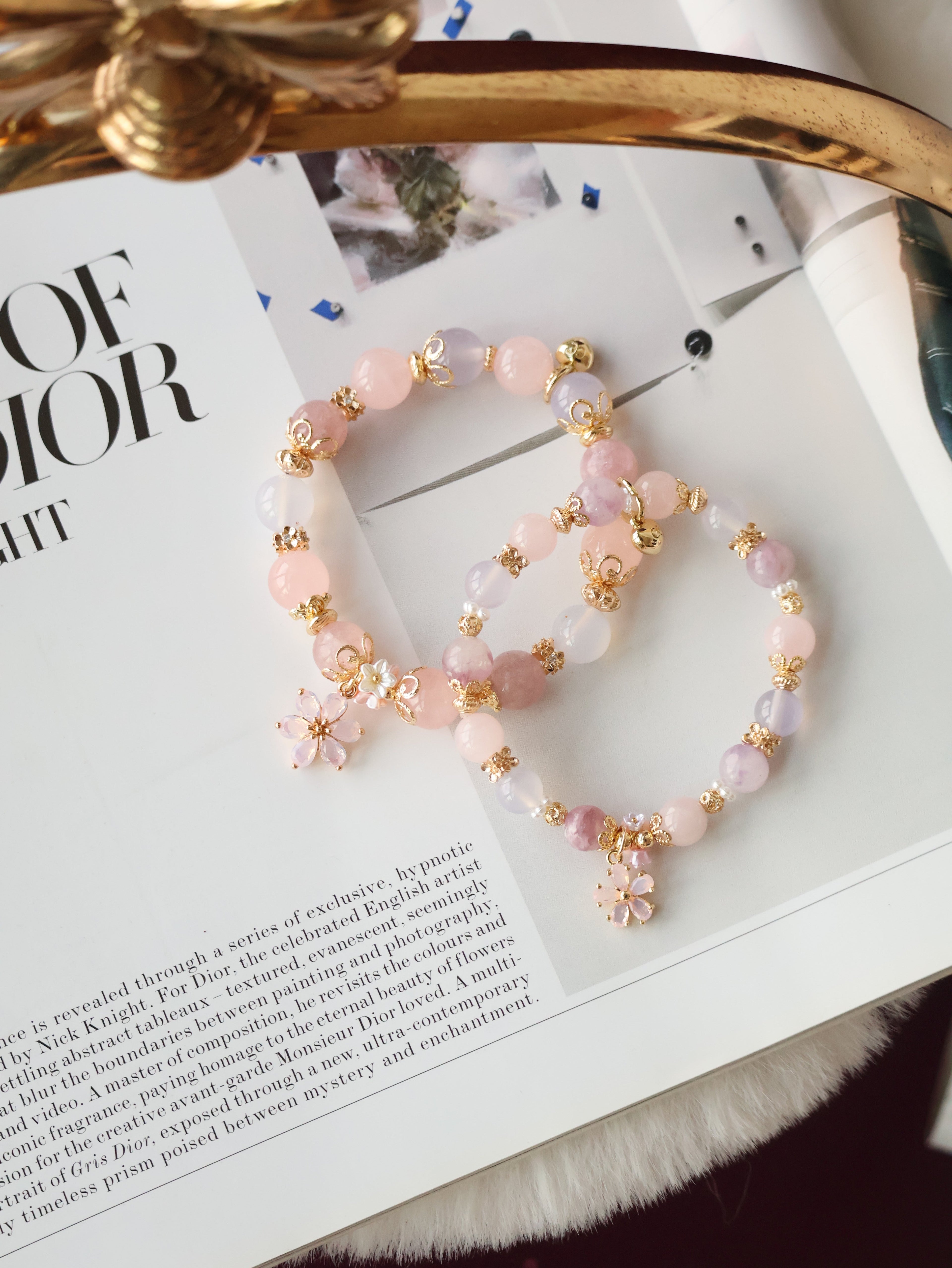 Pink Purple Emerald Mica, Lilac Chalcedony & Rose Quartz with Pink Flower & Mini Flower Bouquet ¡ª Blooming Bouquet | 8mm / 10mm (Elastic)