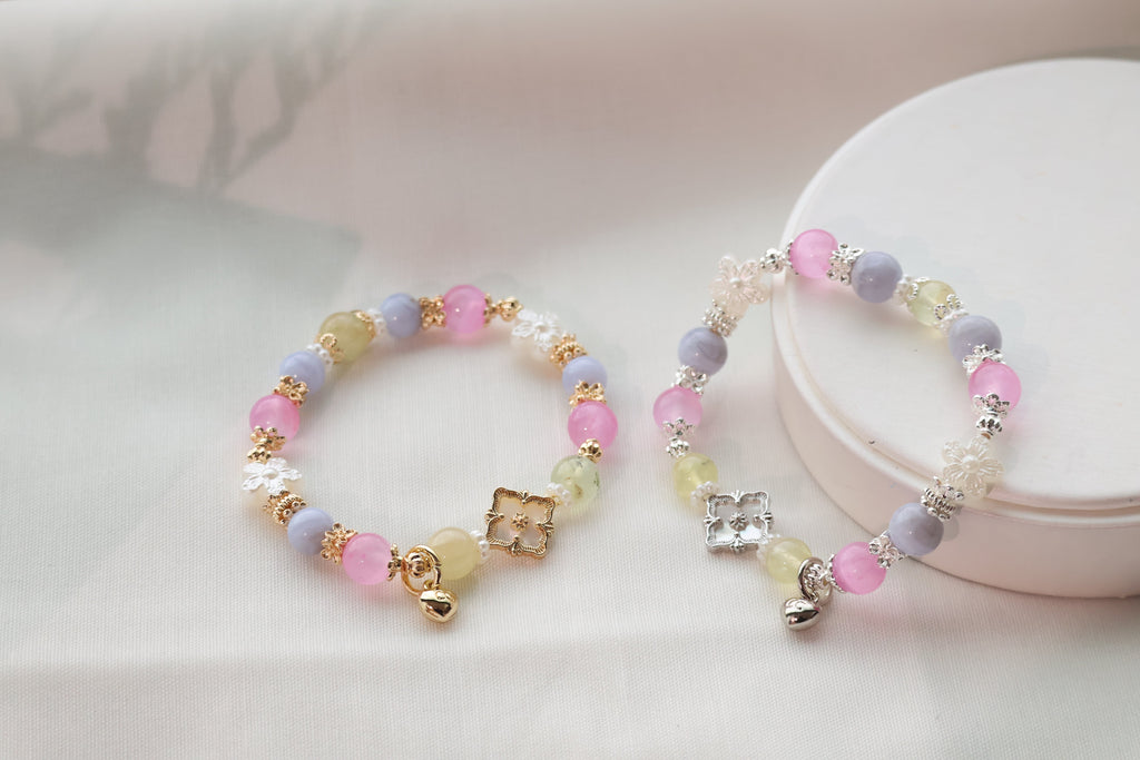 *Luna&Lithoss* Prehnite, Pink Satin Spar & Blue Lace Agate with MOP Clover Natural Crystal Bracelet (Elastic)