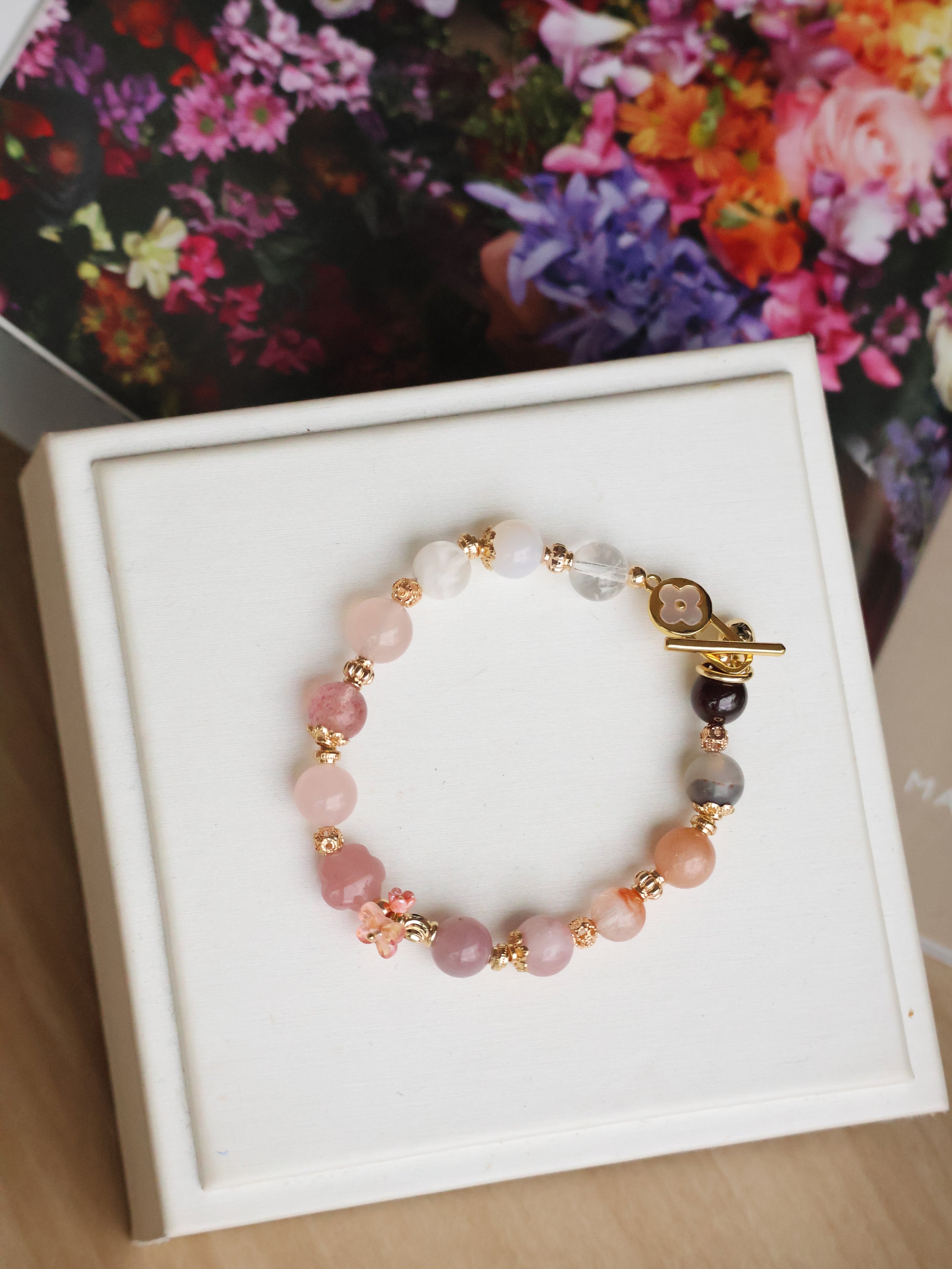 Guava Quartz Flower Carving Multigem Duobaao Crystal Bracelet ¡ª Choco Berry | 8mm (OT Clasp, Elastic)