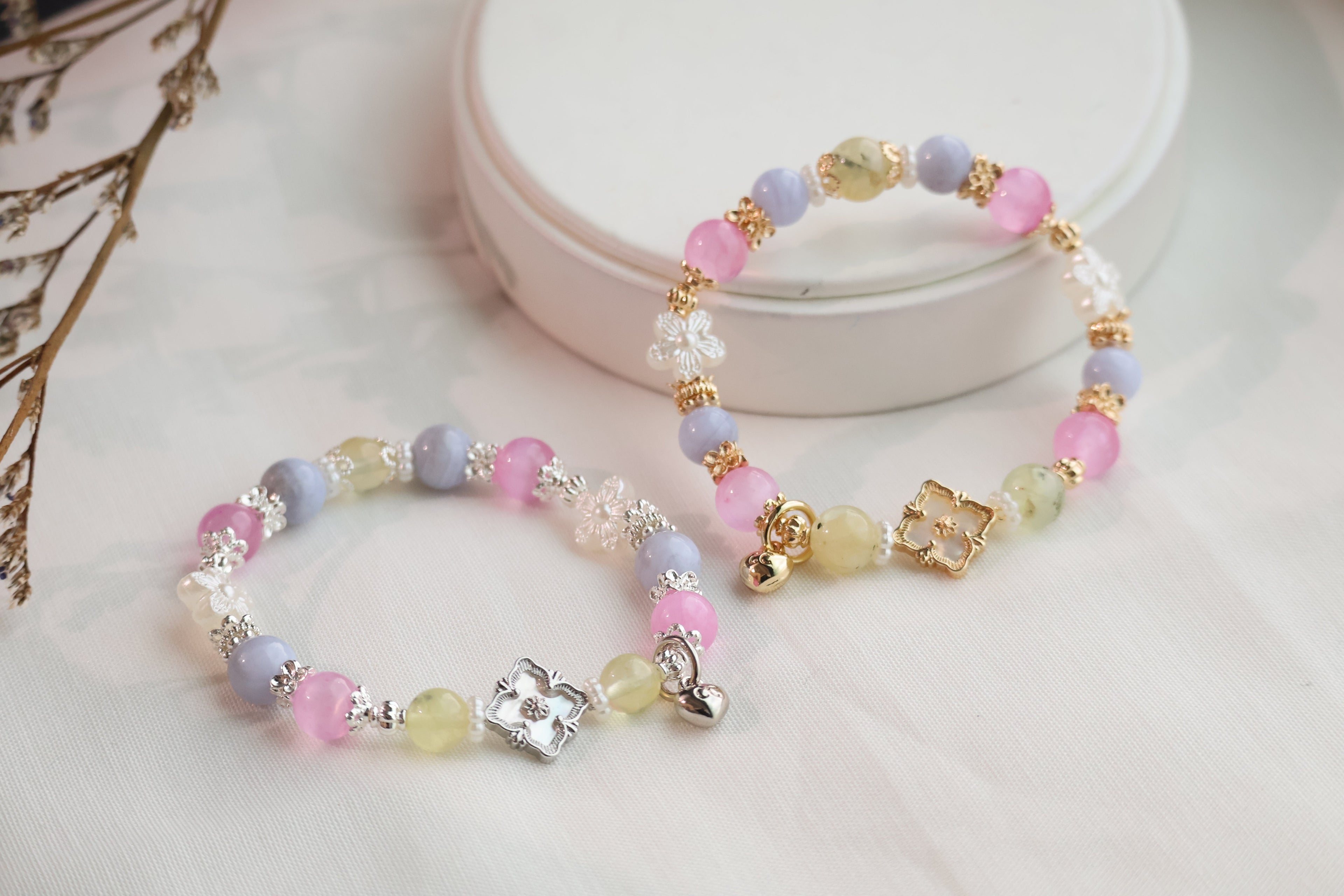 *Luna&Lithoss* Prehnite, Pink Satin Spar & Blue Lace Agate with MOP Clover Natural Crystal Bracelet (Elastic)