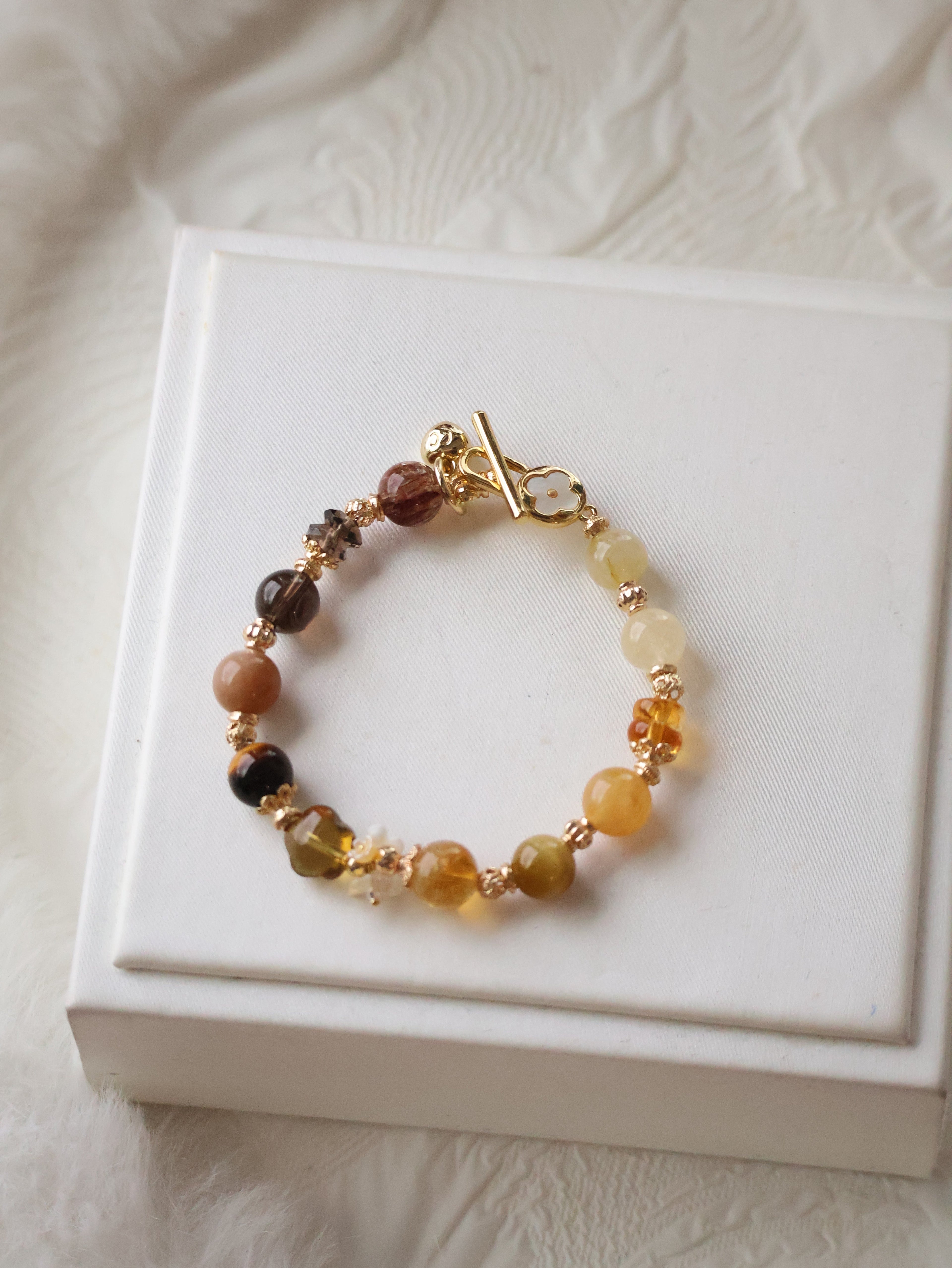 Smoky Citrine Flower Carving Multigem (Duobao) Crystal Bracelet ¡ª Castella | 8mm (OT Clasp, Elastic)