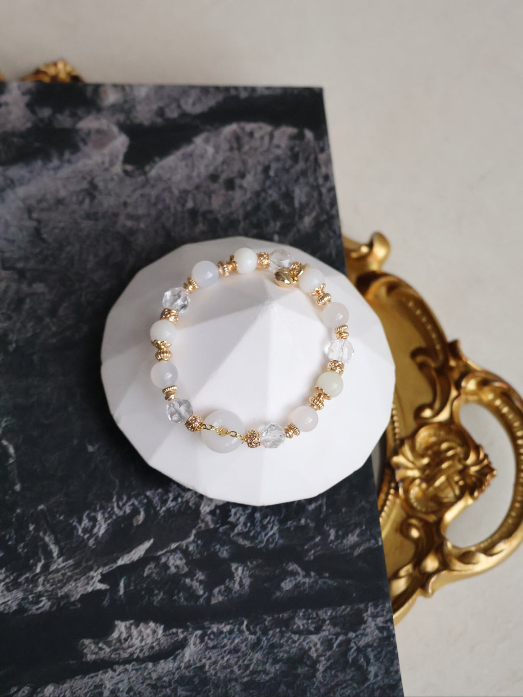 Clear Quartz Faceted, White Agate, White Jadeite ¡ª  White Jadevie Ping An Kou | 8mm (Elastic)
