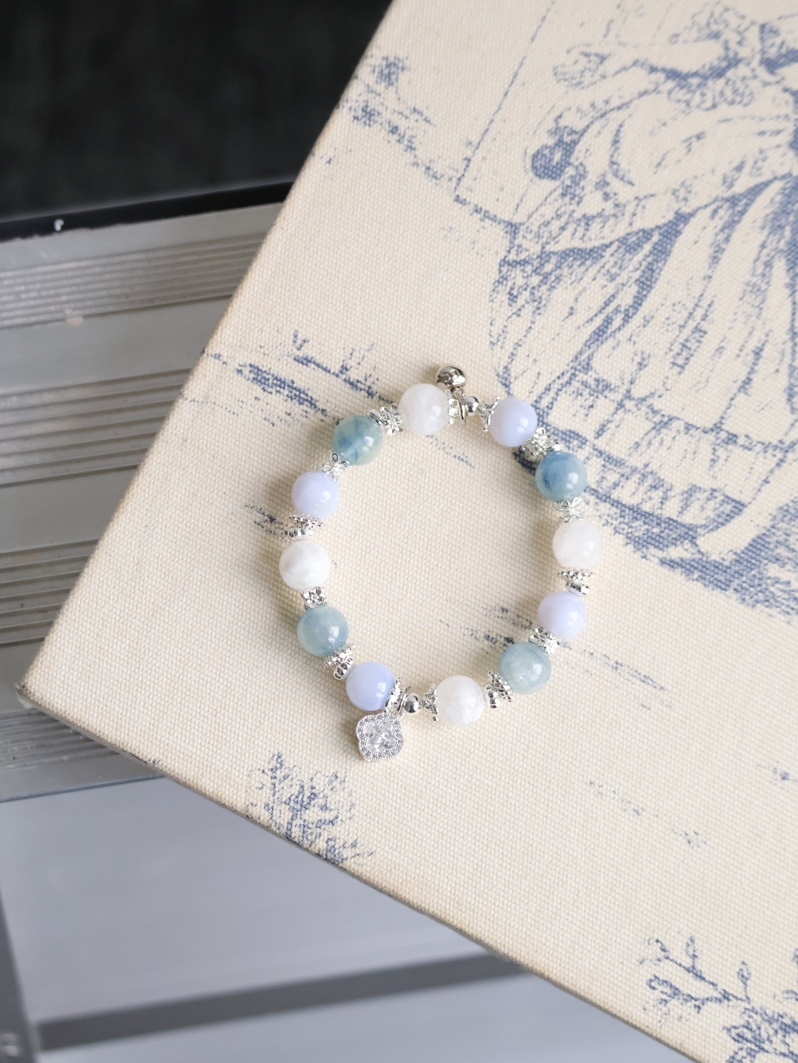 Blue Kyanite, Blue Lace Agate & White Phantom Quartz with Sparkly Clover ¡ª Monet Cordelia Twin Crystal Bracelet | 10mm (Elastic)