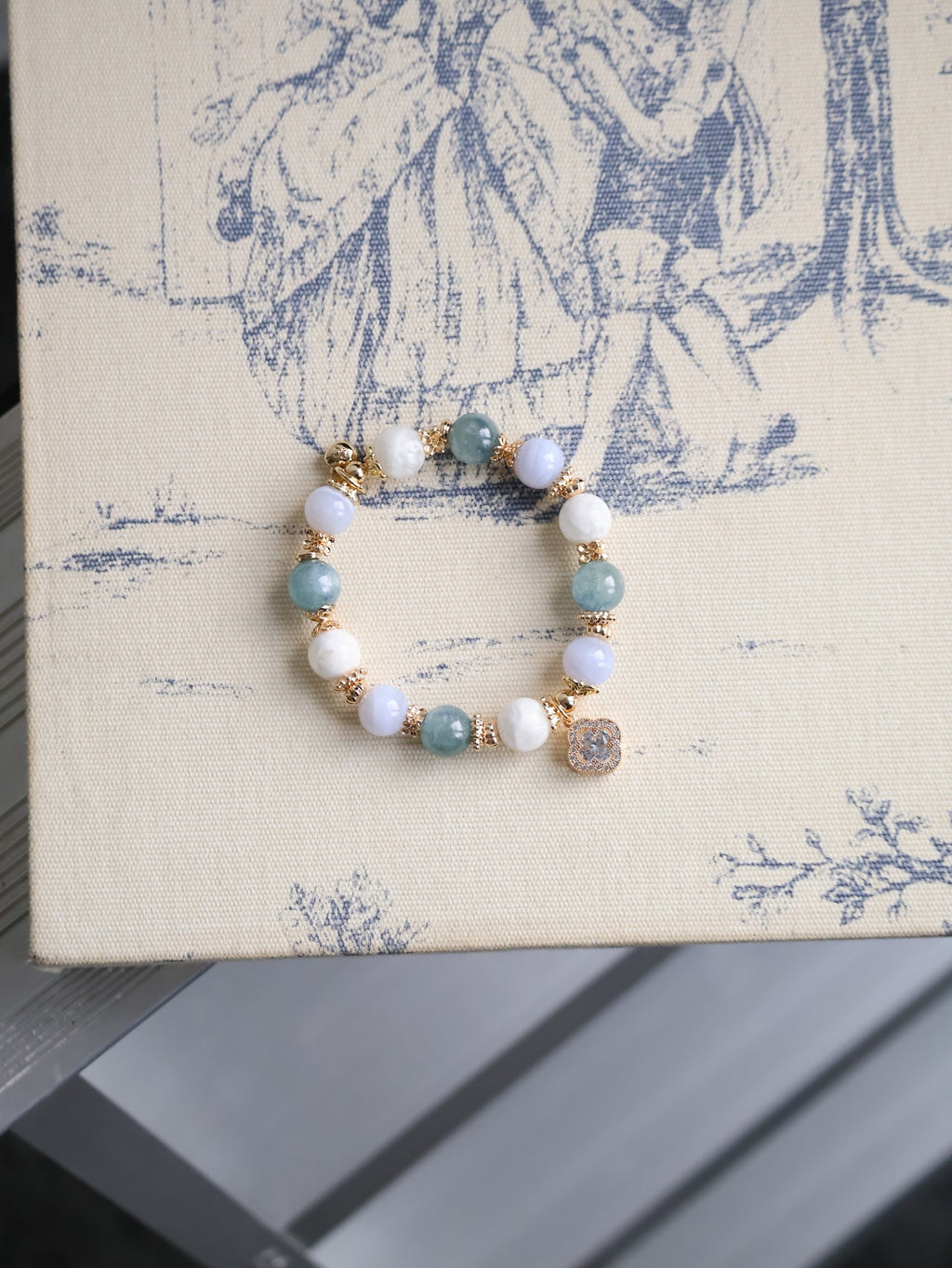Blue Kyanite, Blue Lace Agate & White Phantom Quartz with Sparkly Clover ¡ª Monet Cordelia Twin Crystal Bracelet | 10mm (Elastic)