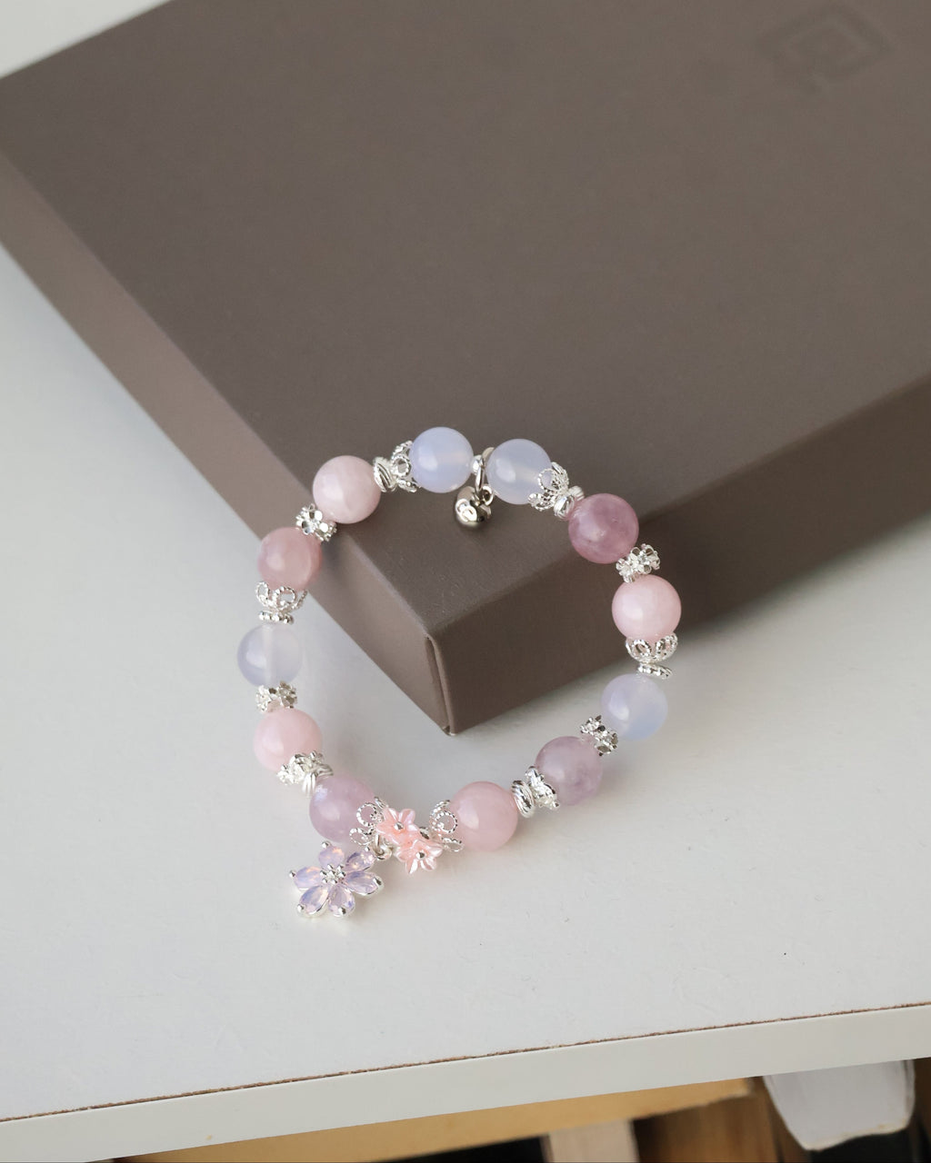 Pink Purple Emerald Mica, Lilac Chalcedony & Rose Quartz with Pink Flower & Mini Flower Bouquet ¡ª Blooming Bouquet | 8mm / 10mm (Elastic)
