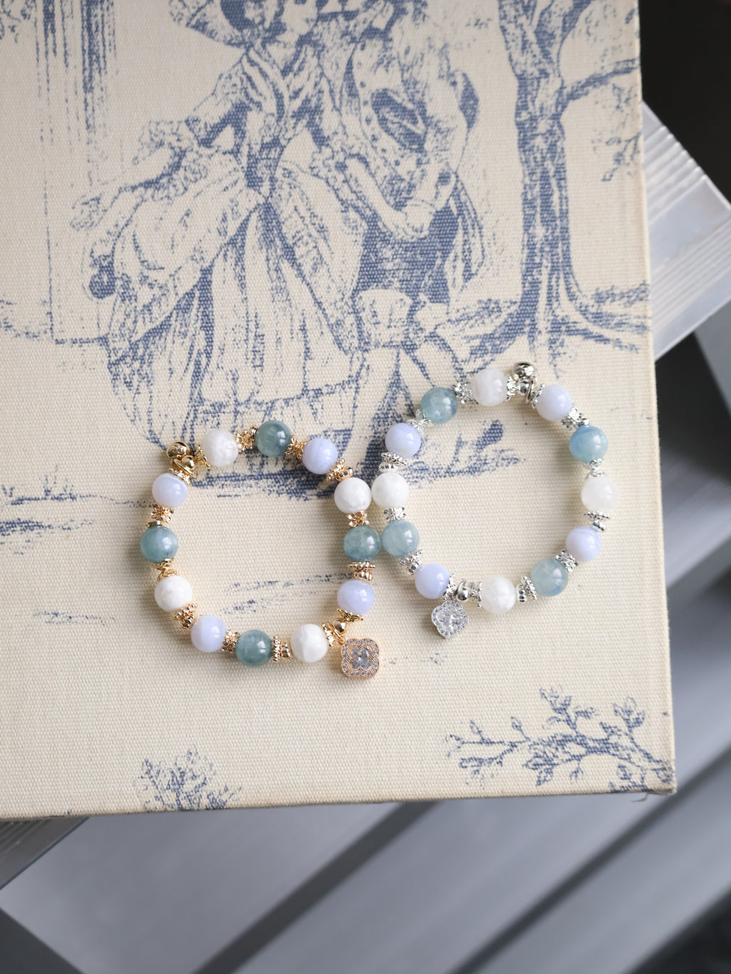 Blue Kyanite, Blue Lace Agate & White Phantom Quartz with Sparkly Clover ¡ª Monet Cordelia Twin Crystal Bracelet | 10mm (Elastic)