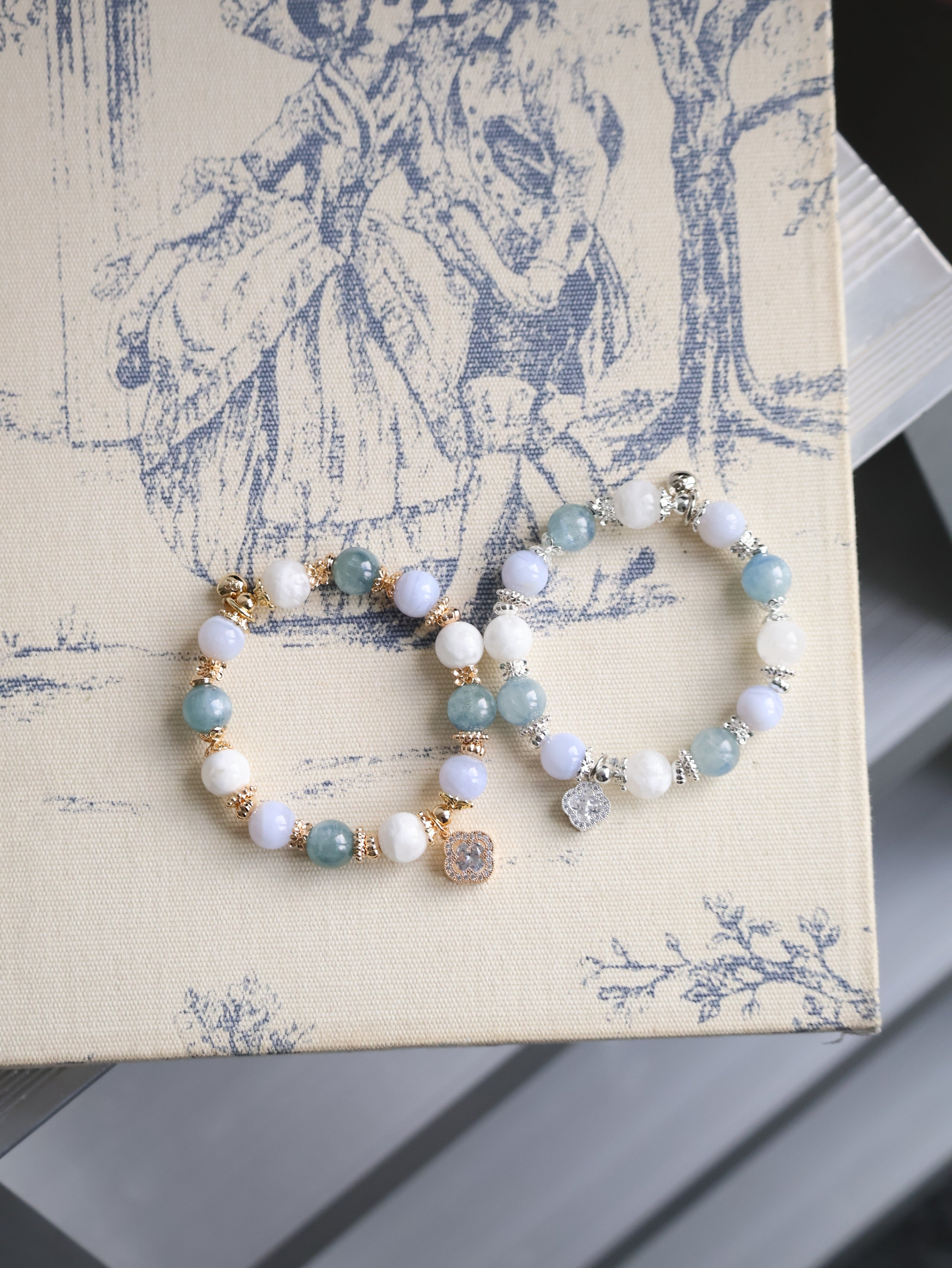 Blue Kyanite, Blue Lace Agate & White Phantom Quartz with Sparkly Clover ¡ª Monet Cordelia Twin Crystal Bracelet | 10mm (Elastic)