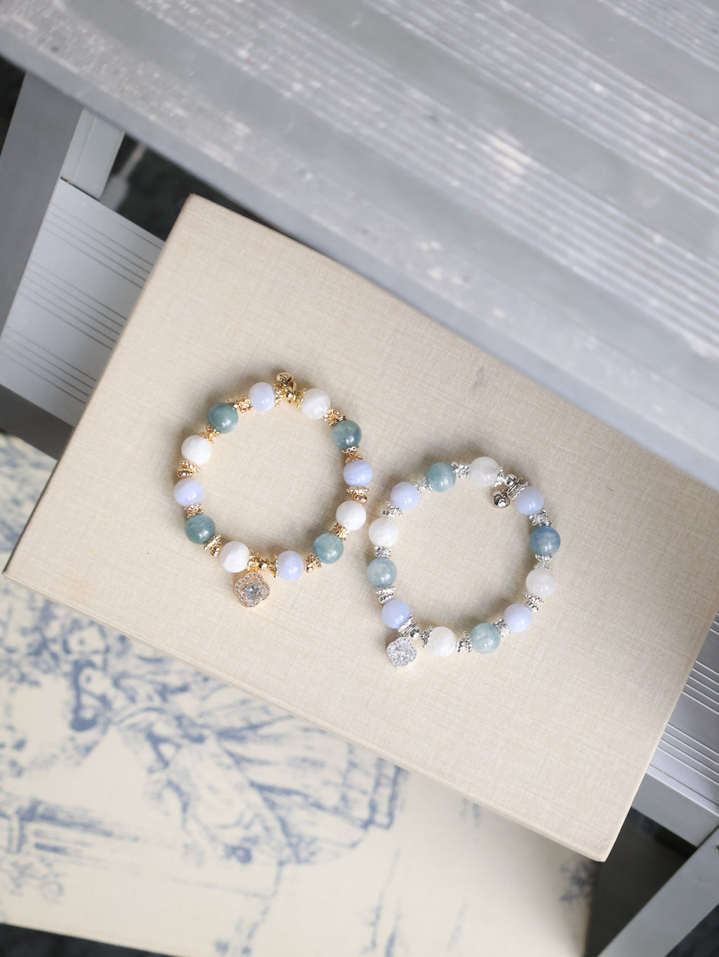 Blue Kyanite, Blue Lace Agate & White Phantom Quartz with Sparkly Clover ¡ª Monet Cordelia Twin Crystal Bracelet | 10mm (Elastic)