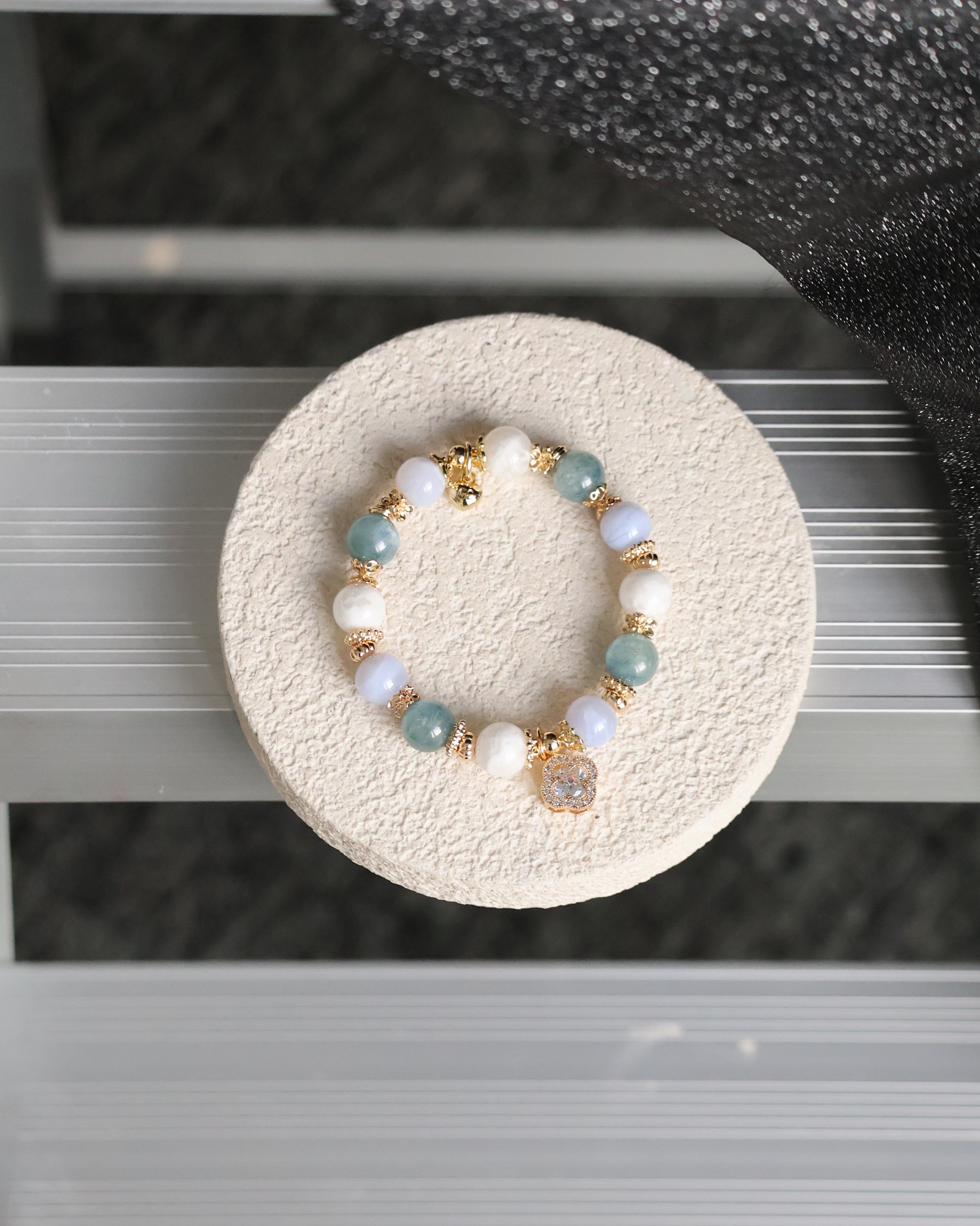 Blue Kyanite, Blue Lace Agate & White Phantom Quartz with Sparkly Clover ¡ª Monet Cordelia Twin Crystal Bracelet | 10mm (Elastic)