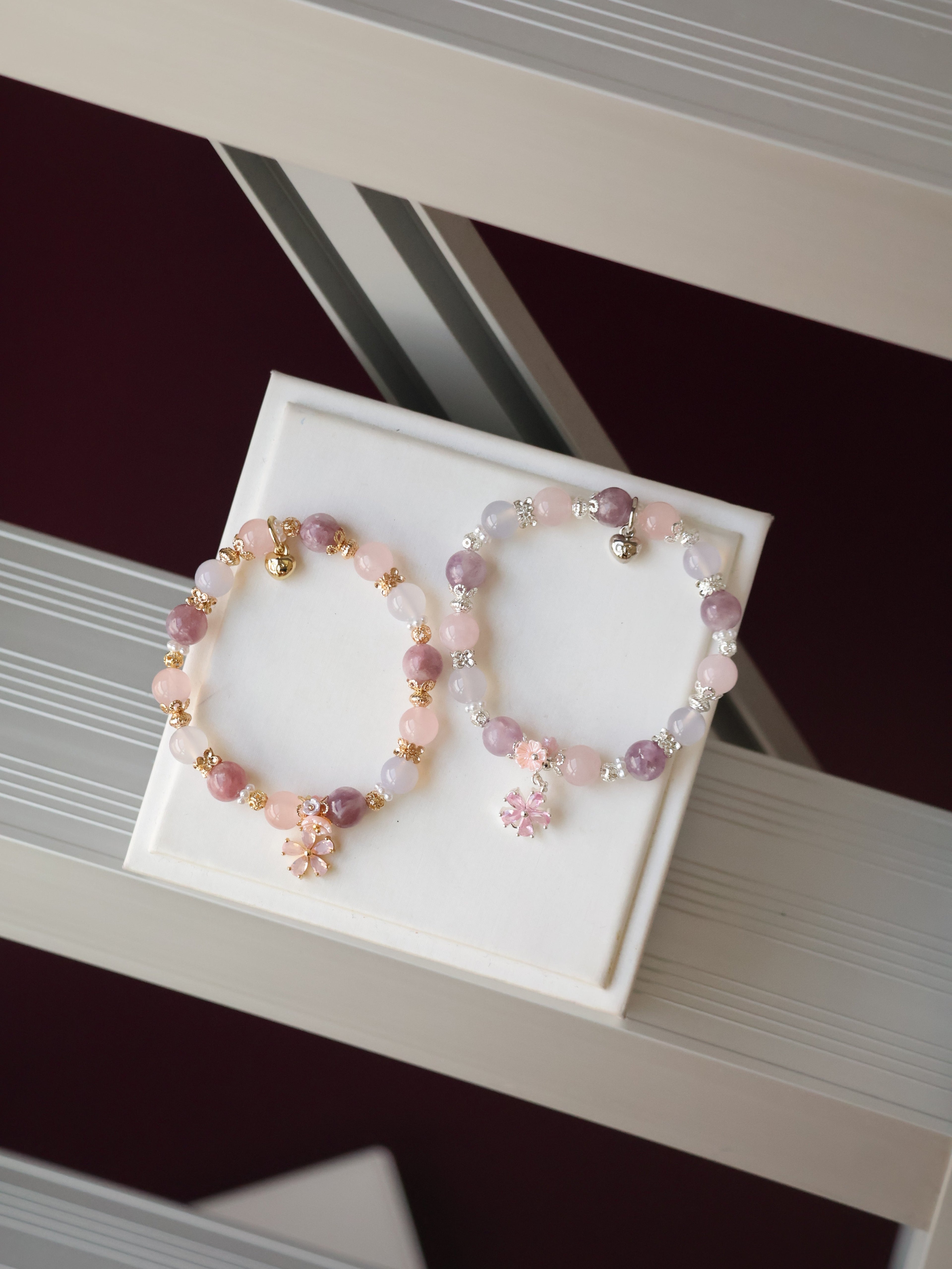 Pink Purple Emerald Mica, Lilac Chalcedony & Rose Quartz with Pink Flower & Mini Flower Bouquet ¡ª Blooming Bouquet | 8mm / 10mm (Elastic)
