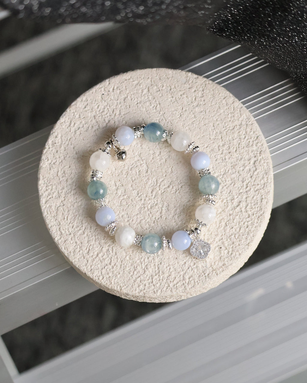 Blue Kyanite, Blue Lace Agate & White Phantom Quartz with Sparkly Clover ¡ª Monet Cordelia Twin Crystal Bracelet | 10mm (Elastic)