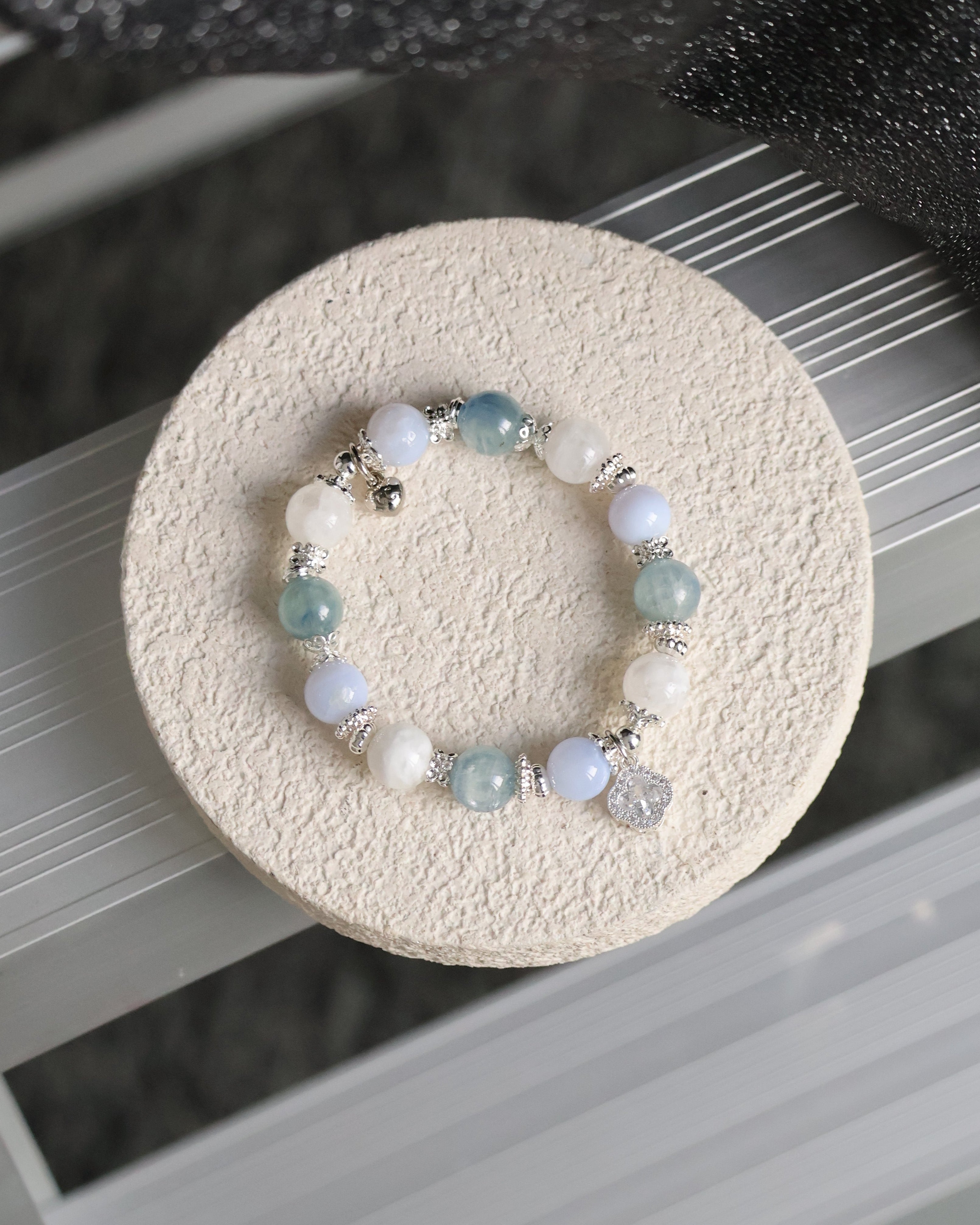 Blue Kyanite, Blue Lace Agate & White Phantom Quartz with Sparkly Clover ¡ª Monet Cordelia Twin Crystal Bracelet | 10mm (Elastic)