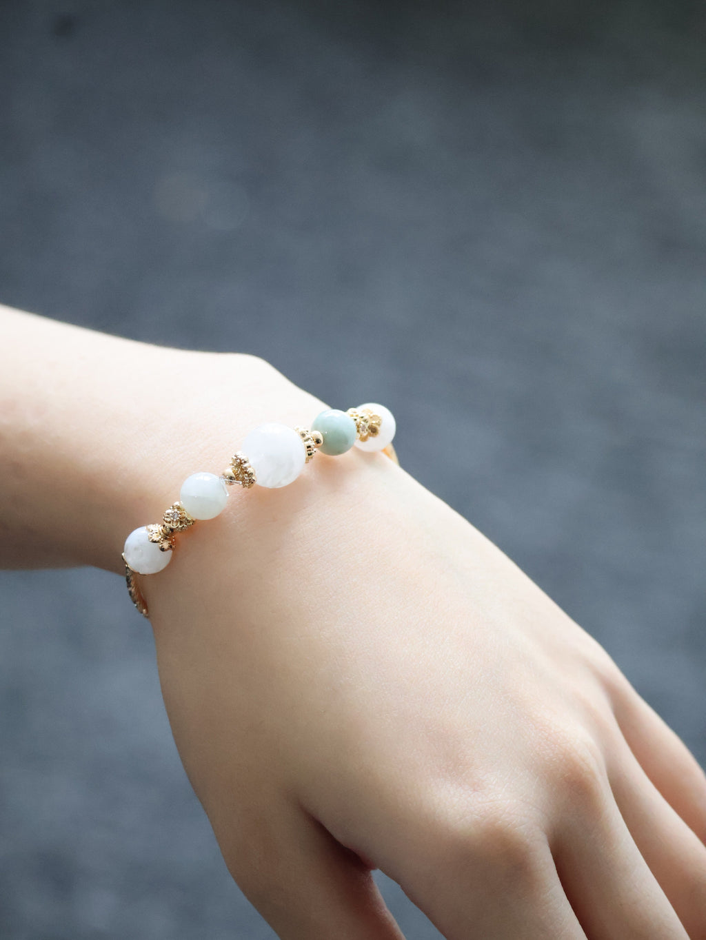 Green Jadeite & White Phantom Quartz Crystal Bracelet Bangle ¡ª Orianna Bangles Series | 8mm (Elastic)