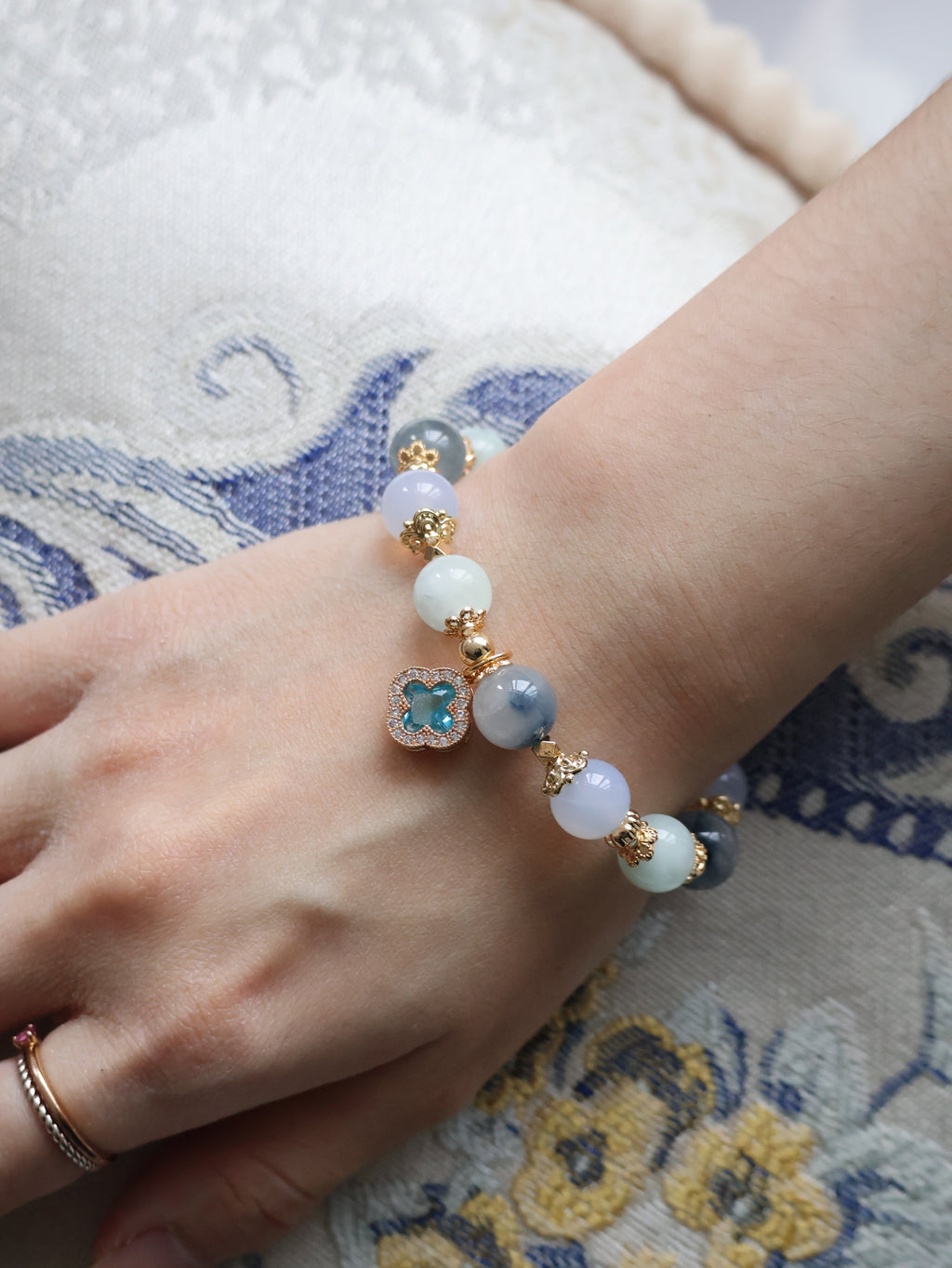 Blue Chalcedony, Aquamarine & Blue Rabbit Hair Crystal Bracelet ¡ª Cordelia Twin Sparkly Clover | 8mm + 10mm (Elastic)