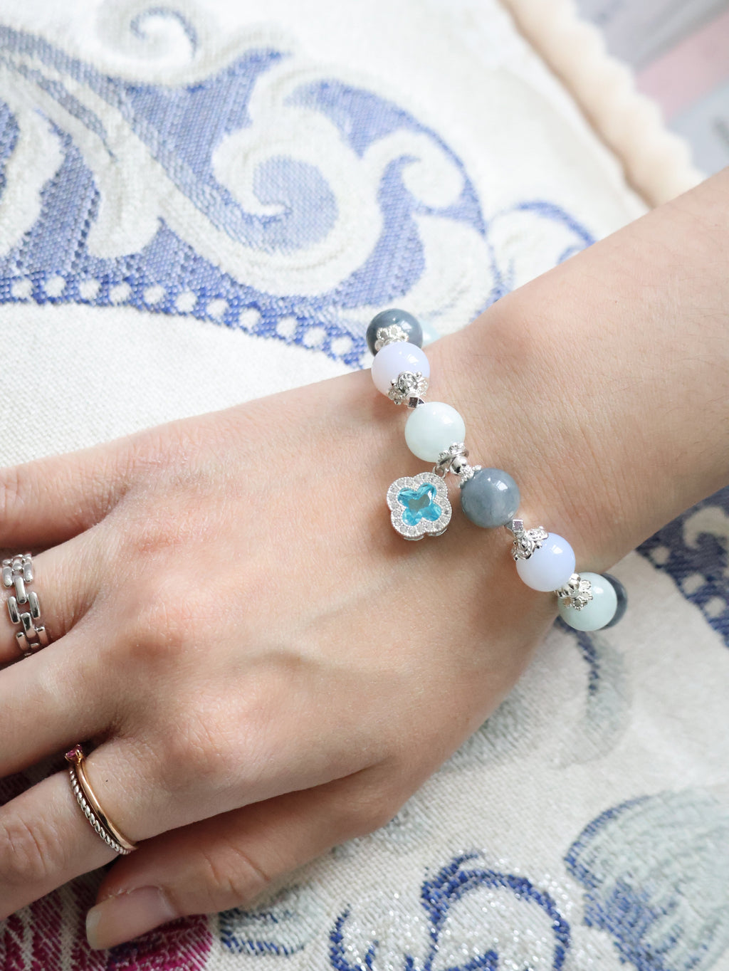 Blue Chalcedony, Aquamarine & Blue Rabbit Hair Crystal Bracelet ¡ª Cordelia Twin Sparkly Clover | 8mm + 10mm (Elastic)