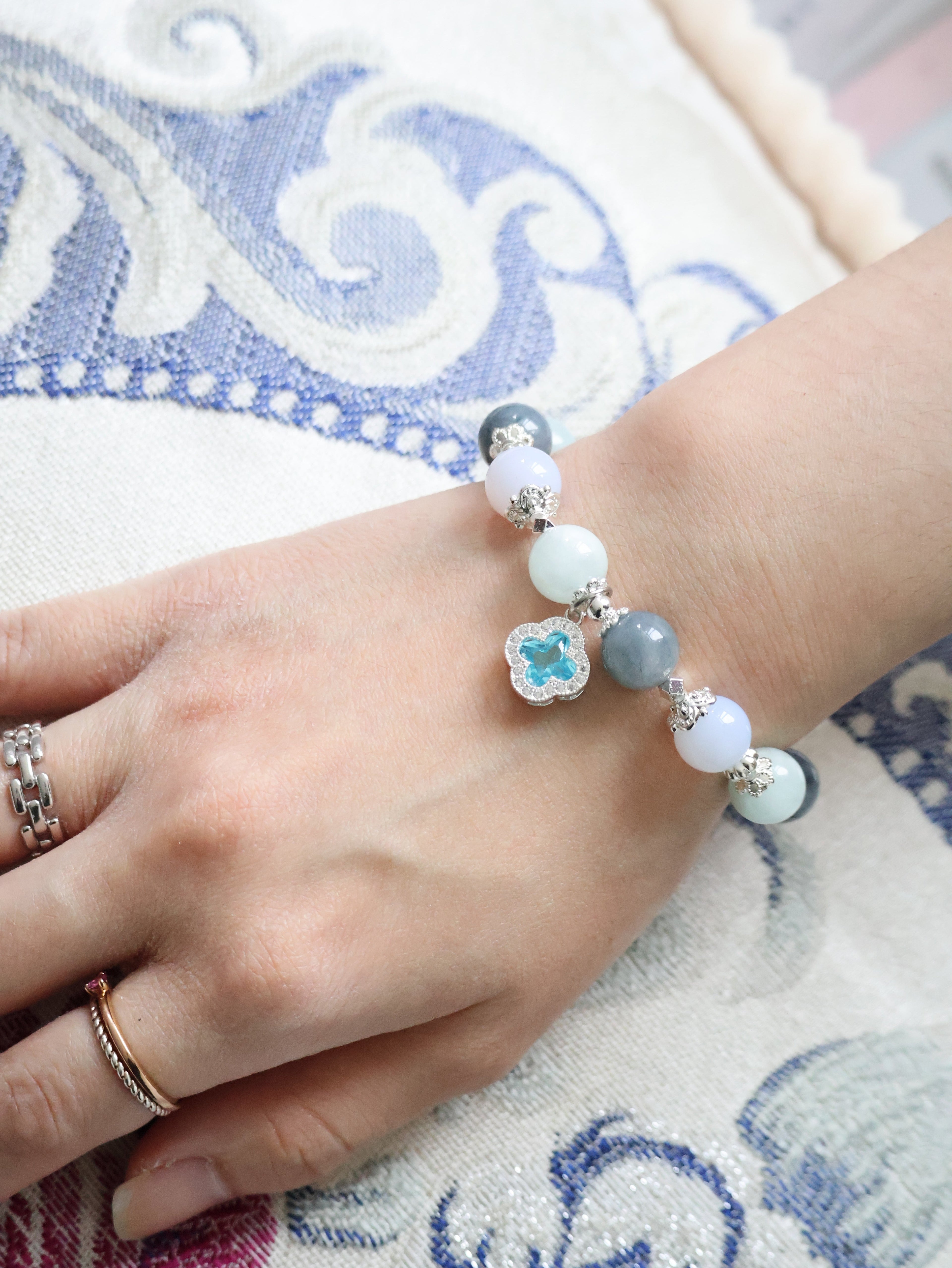 Blue Chalcedony, Aquamarine & Blue Rabbit Hair Crystal Bracelet ¡ª Cordelia Twin Sparkly Clover | 8mm + 10mm (Elastic)