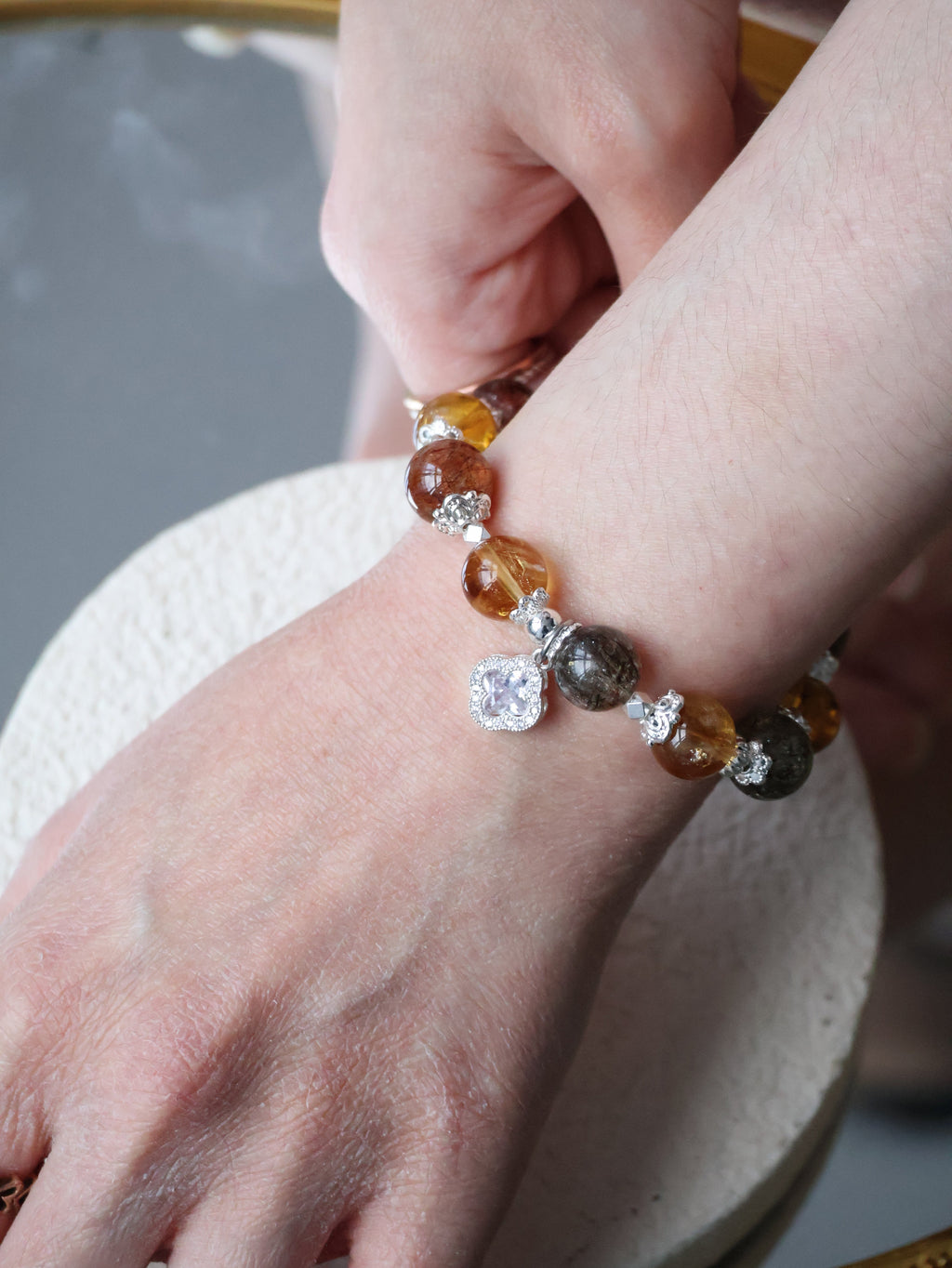 Citrine & Black Gold Super 7 Crystal Bracelet ¡ª Cordelia Twin Sparkly Clover | 8mm + 10mm (Elastic)