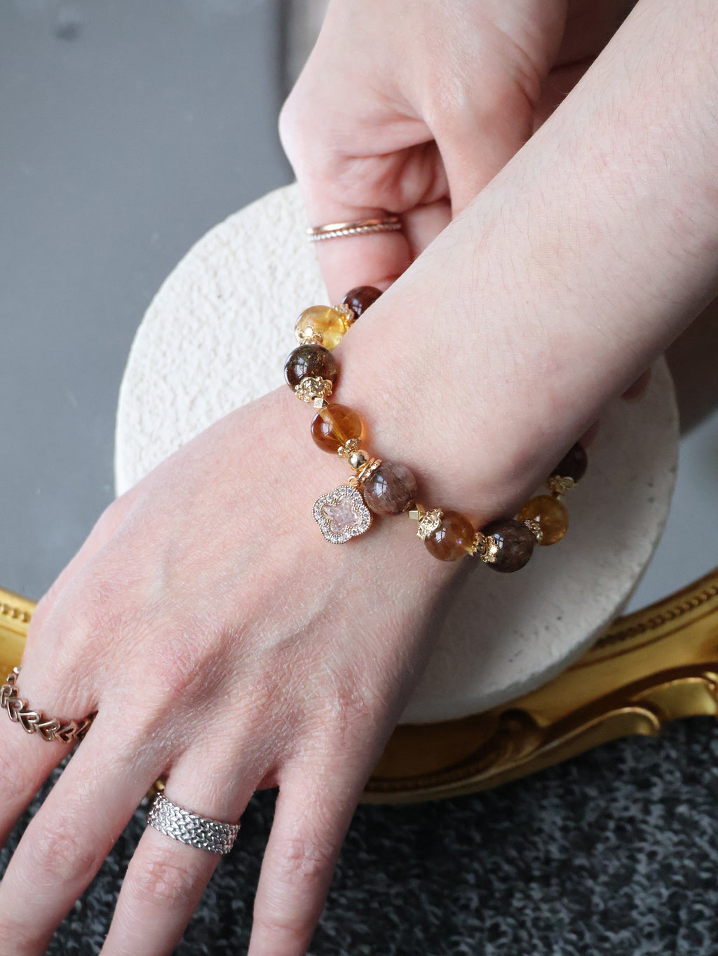 Citrine & Black Gold Super 7 Crystal Bracelet ¡ª Cordelia Twin Sparkly Clover | 8mm + 10mm (Elastic)