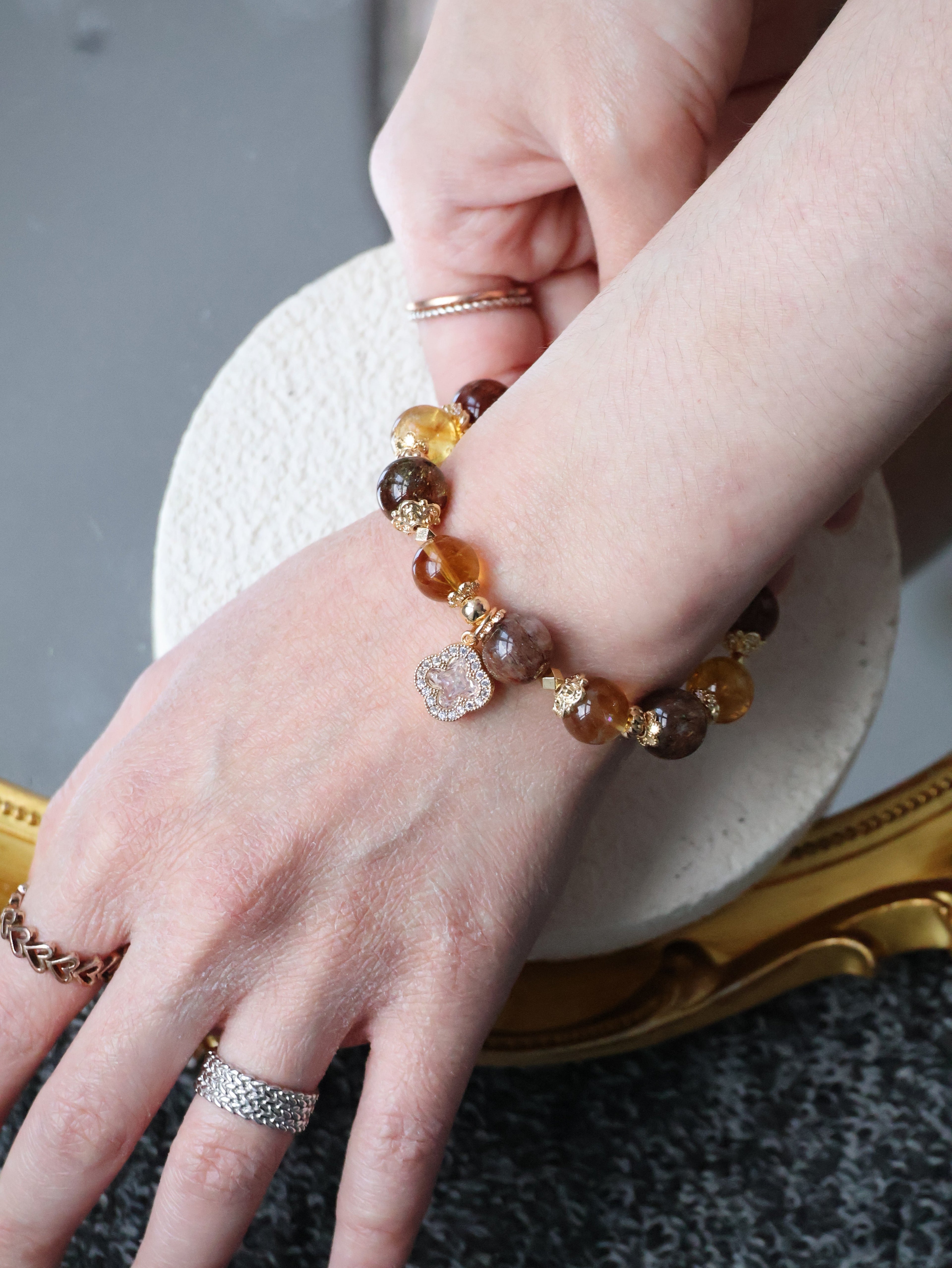 Citrine & Black Gold Super 7 Crystal Bracelet ¡ª Cordelia Twin Sparkly Clover | 8mm + 10mm (Elastic)