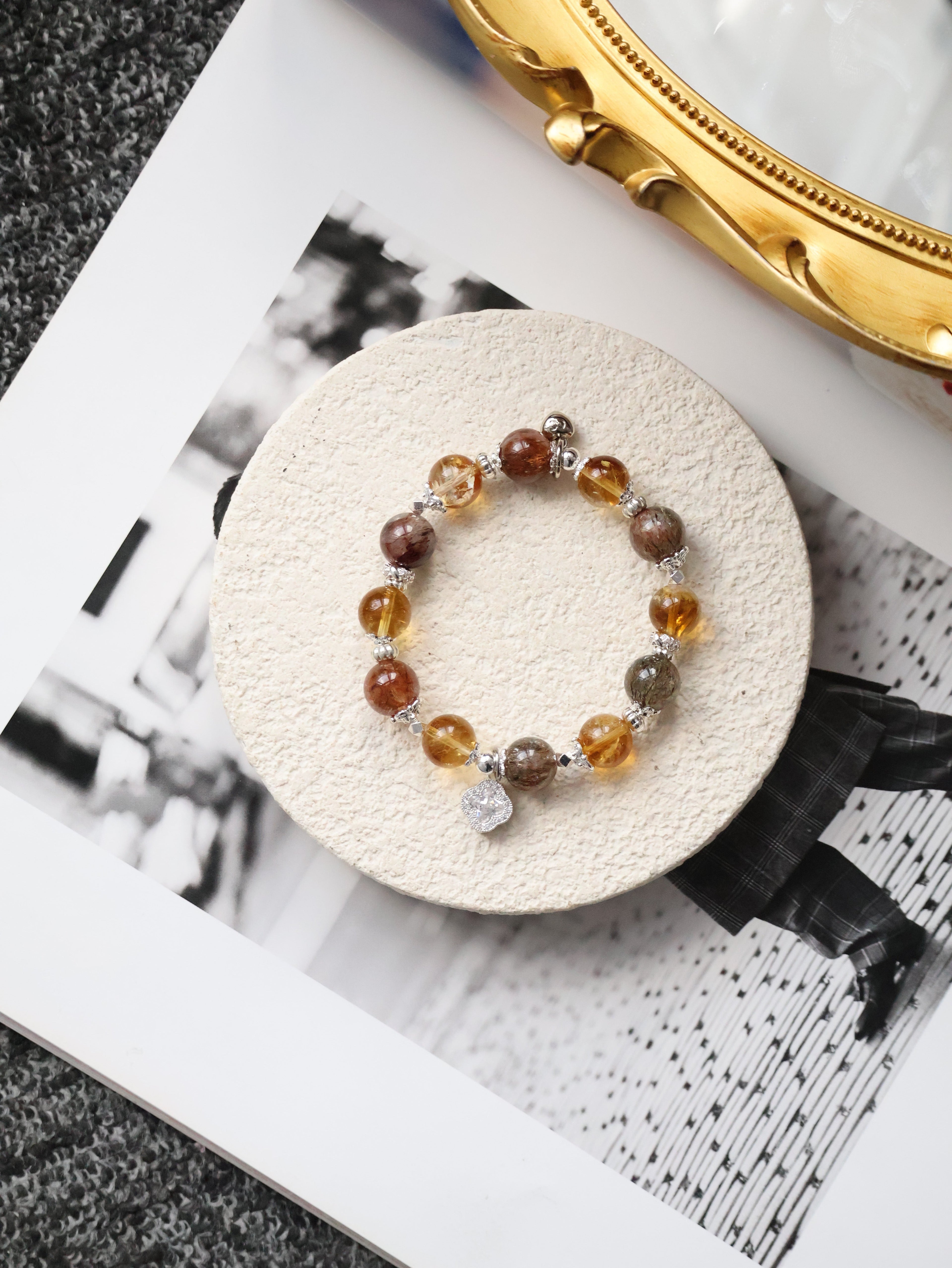 Citrine & Black Gold Super 7 Crystal Bracelet ¡ª Cordelia Twin Sparkly Clover | 8mm + 10mm (Elastic)