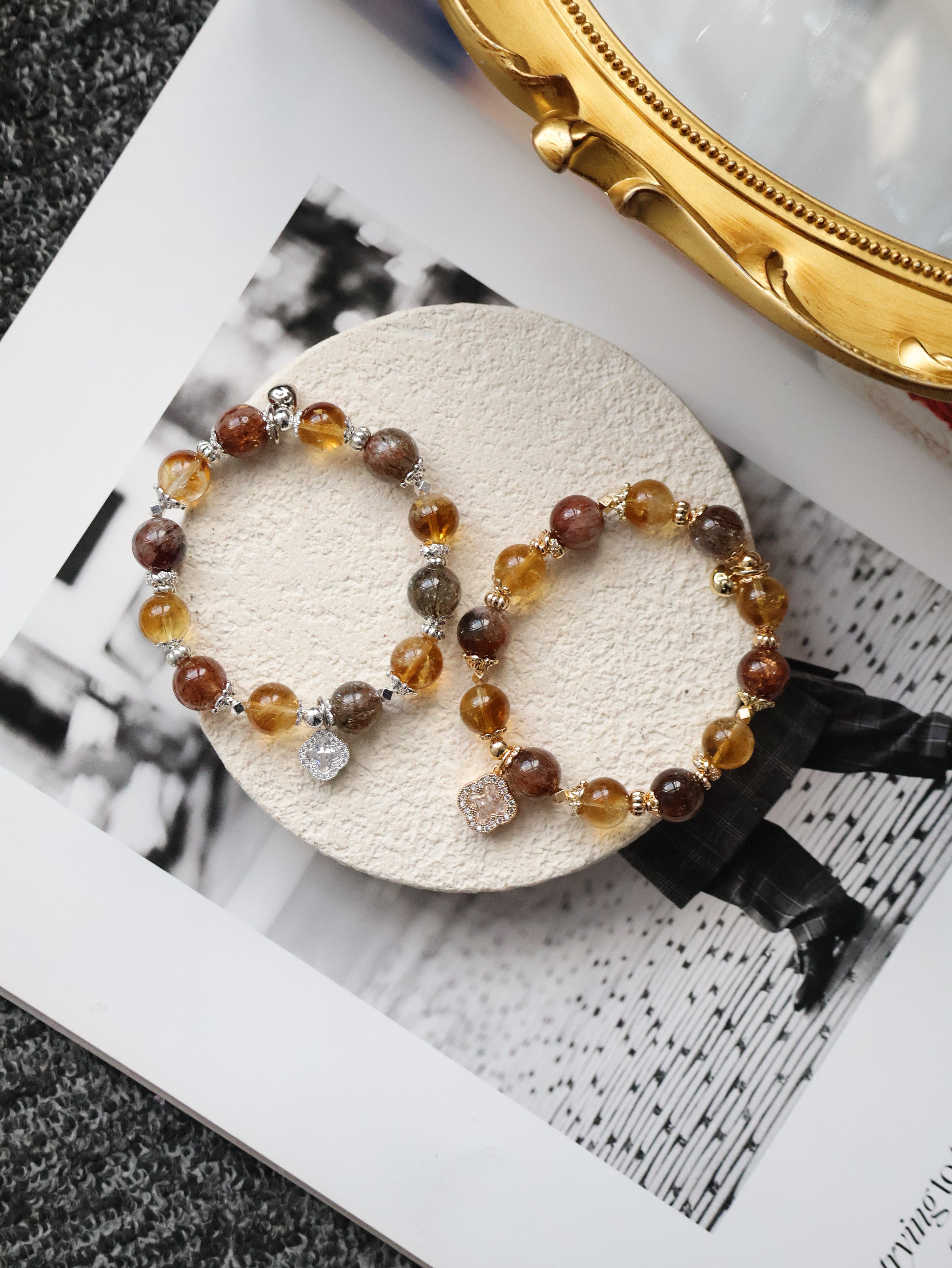 Citrine & Black Gold Super 7 Crystal Bracelet ¡ª Cordelia Twin Sparkly Clover | 8mm + 10mm (Elastic)