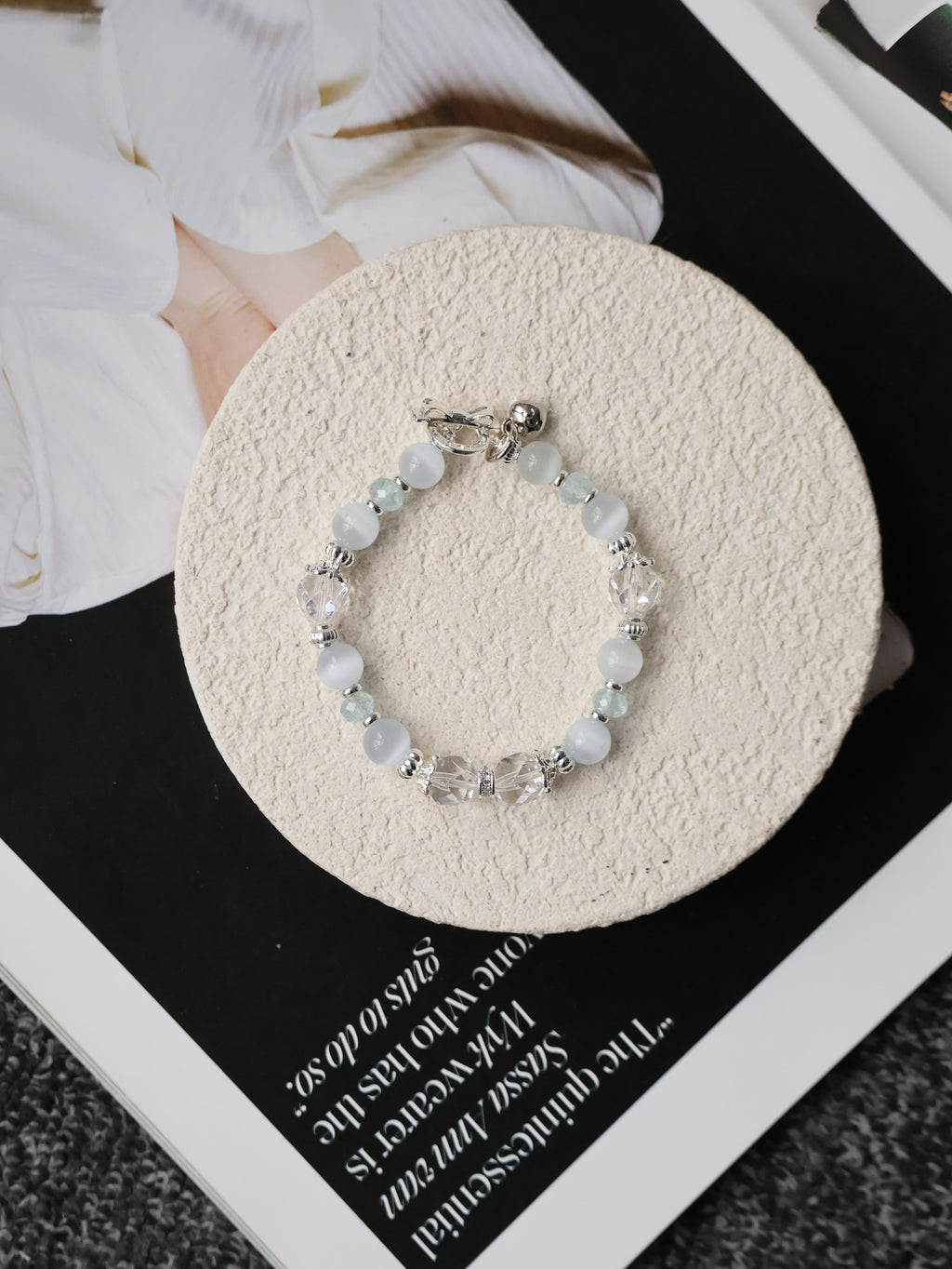 Blue Topaz Faceted Rondelle, Clear Quartz & Cat¡¯s Eye Crystal Bracelet ¡ª Crystelle | 8mm (Elastic)