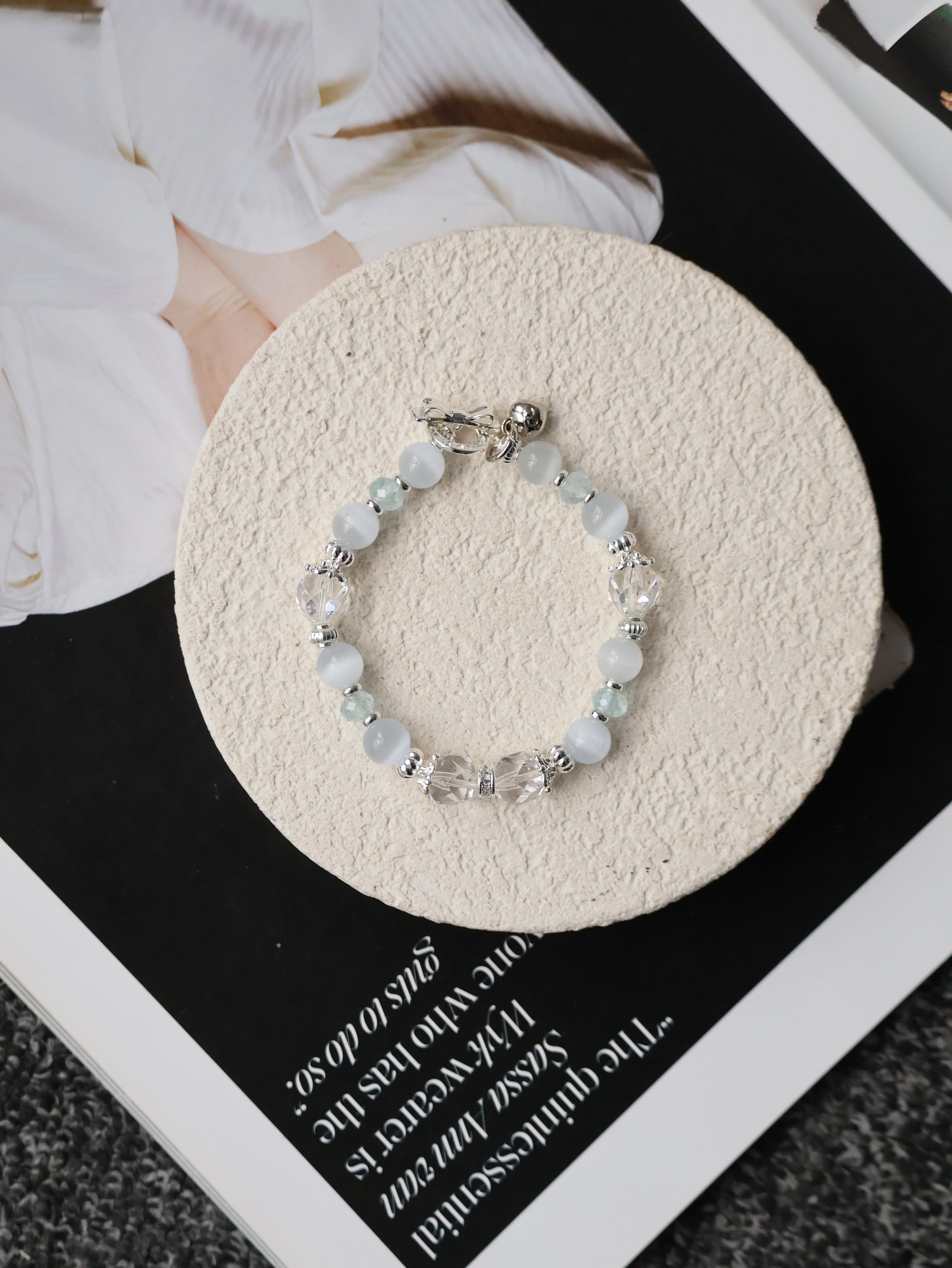 Blue Topaz Faceted Rondelle, Clear Quartz & Cat¡¯s Eye Crystal Bracelet ¡ª Crystelle | 8mm (Elastic)