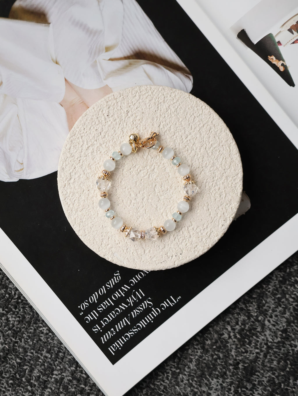 Blue Topaz Faceted Rondelle, Clear Quartz & Cat¡¯s Eye Crystal Bracelet ¡ª Crystelle | 8mm (Elastic)