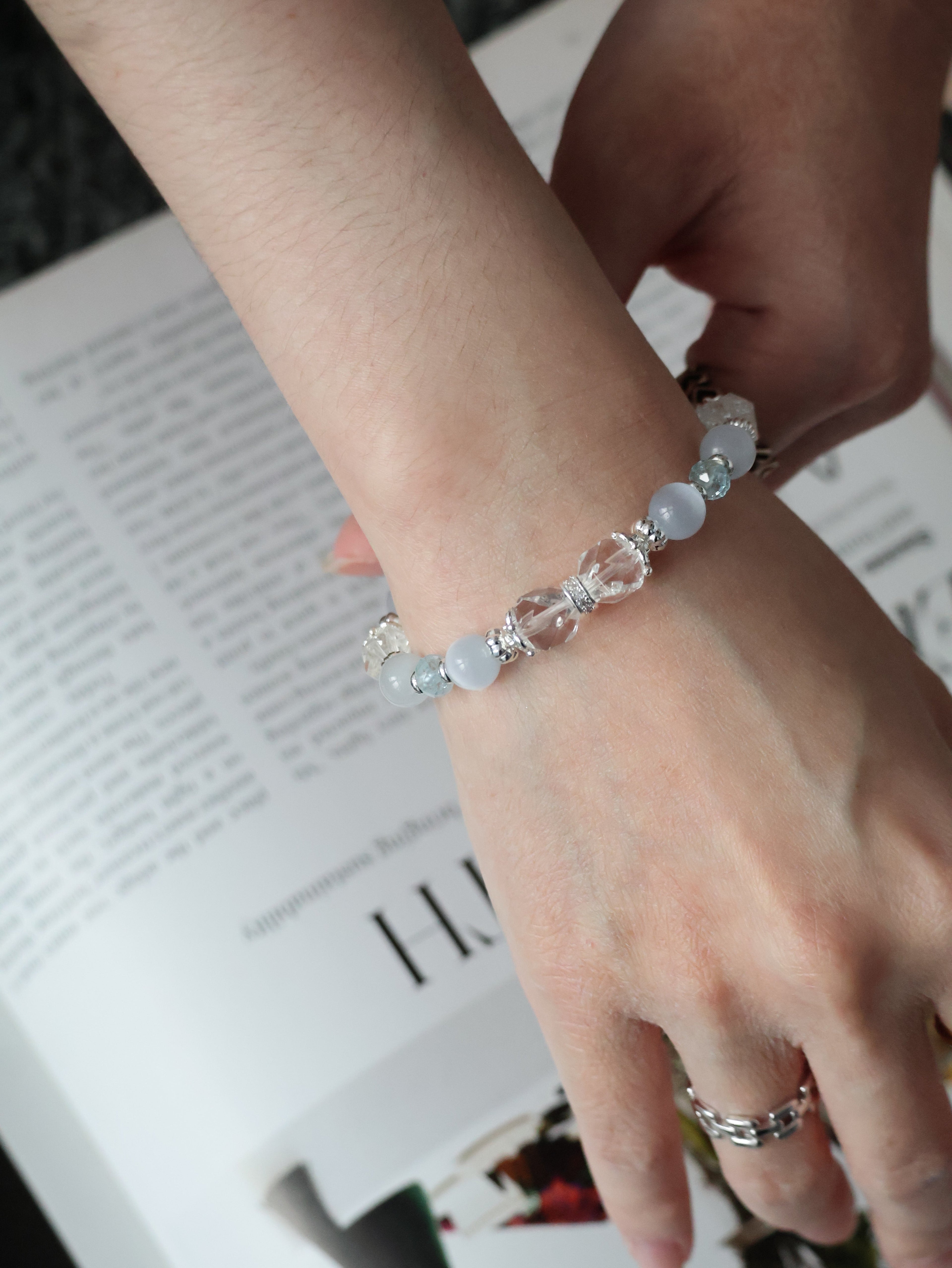Blue Topaz Faceted Rondelle, Clear Quartz & Cat¡¯s Eye Crystal Bracelet ¡ª Crystelle | 8mm (Elastic)