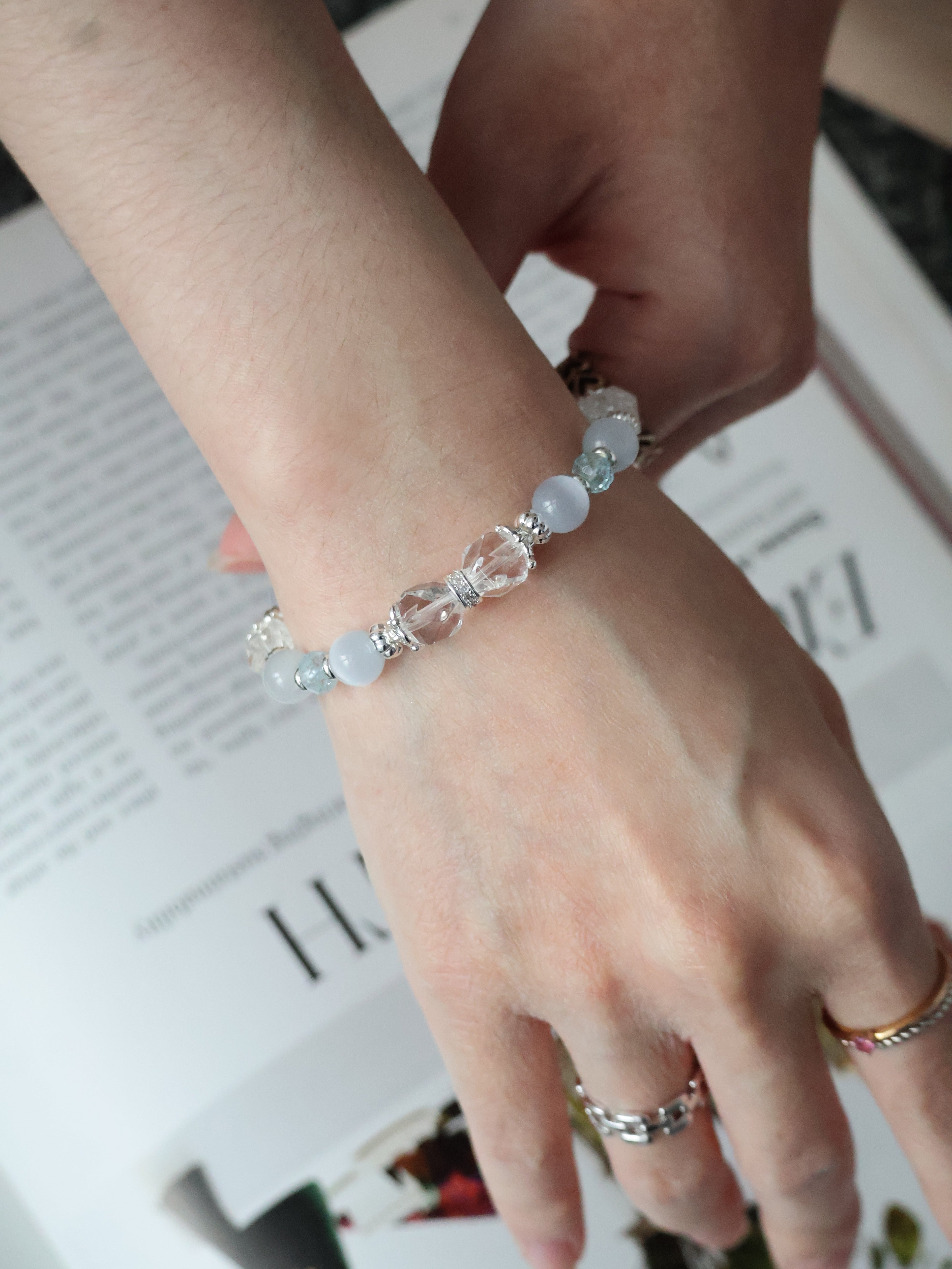 Blue Topaz Faceted Rondelle, Clear Quartz & Cat¡¯s Eye Crystal Bracelet ¡ª Crystelle | 8mm (Elastic)