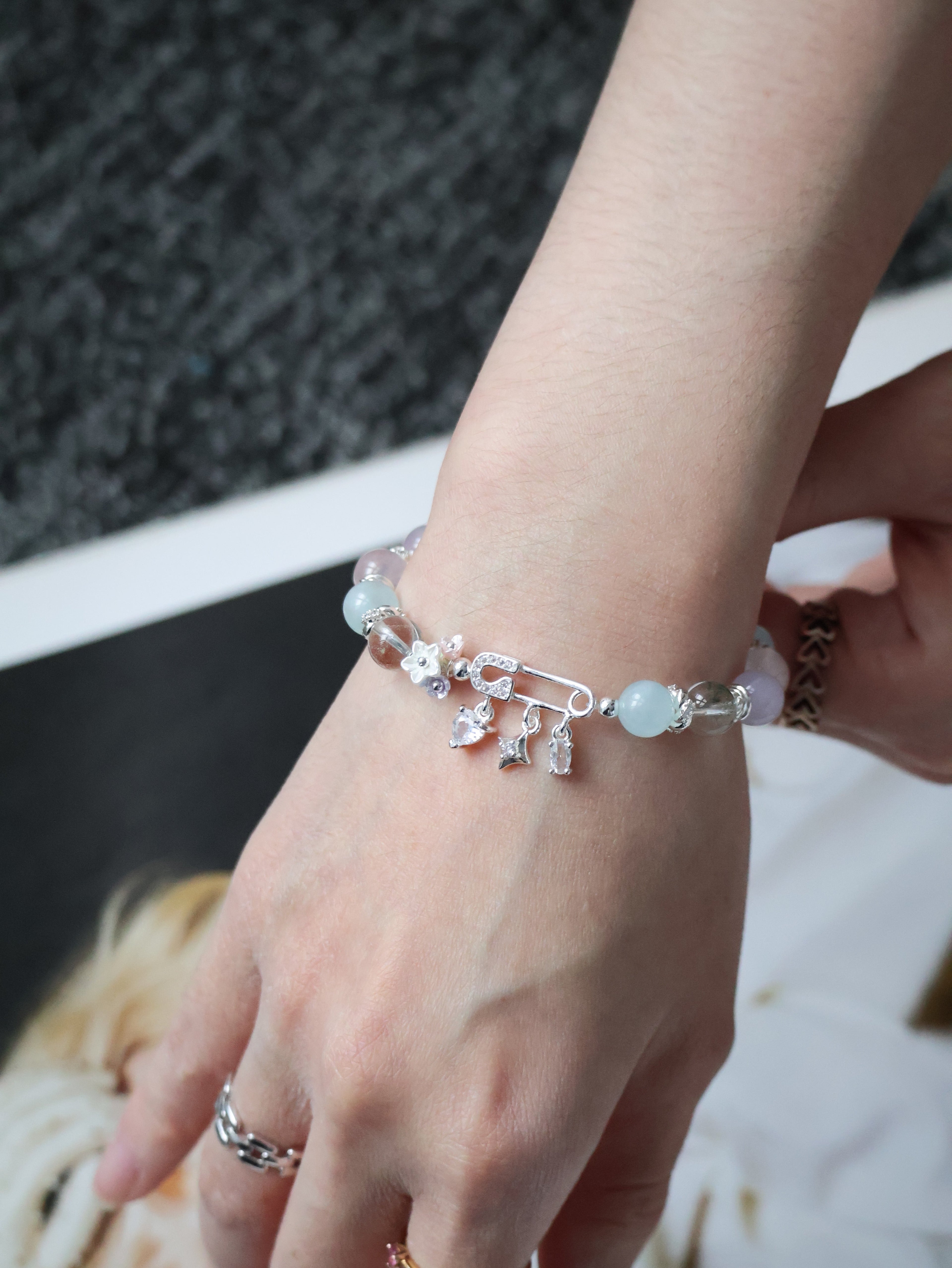 Rose Quartz, Lilac Chalcedony, Aquamarine & Green Phantom Quartz Crystal Bracelet ¡ª Genevieve | 8mm (Safety Pin Charm, Elastic)