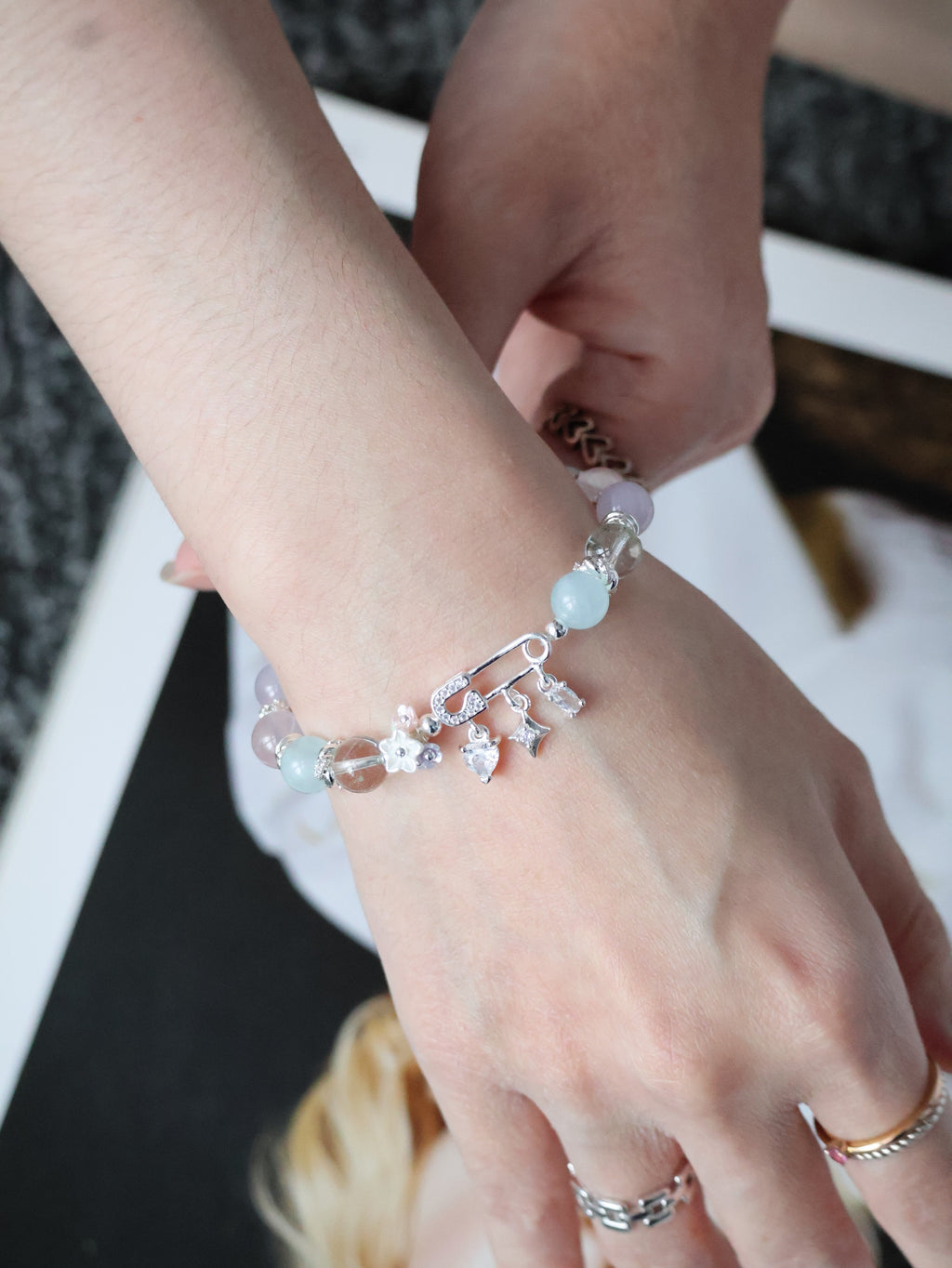 Rose Quartz, Lilac Chalcedony, Aquamarine & Green Phantom Quartz Crystal Bracelet ¡ª Genevieve | 8mm (Safety Pin Charm, Elastic)