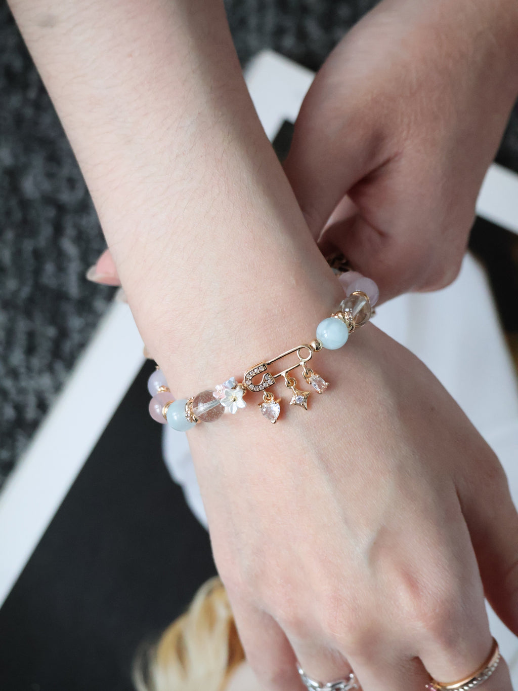 Rose Quartz, Lilac Chalcedony, Aquamarine & Green Phantom Quartz Crystal Bracelet ¡ª Genevieve | 8mm (Safety Pin Charm, Elastic)