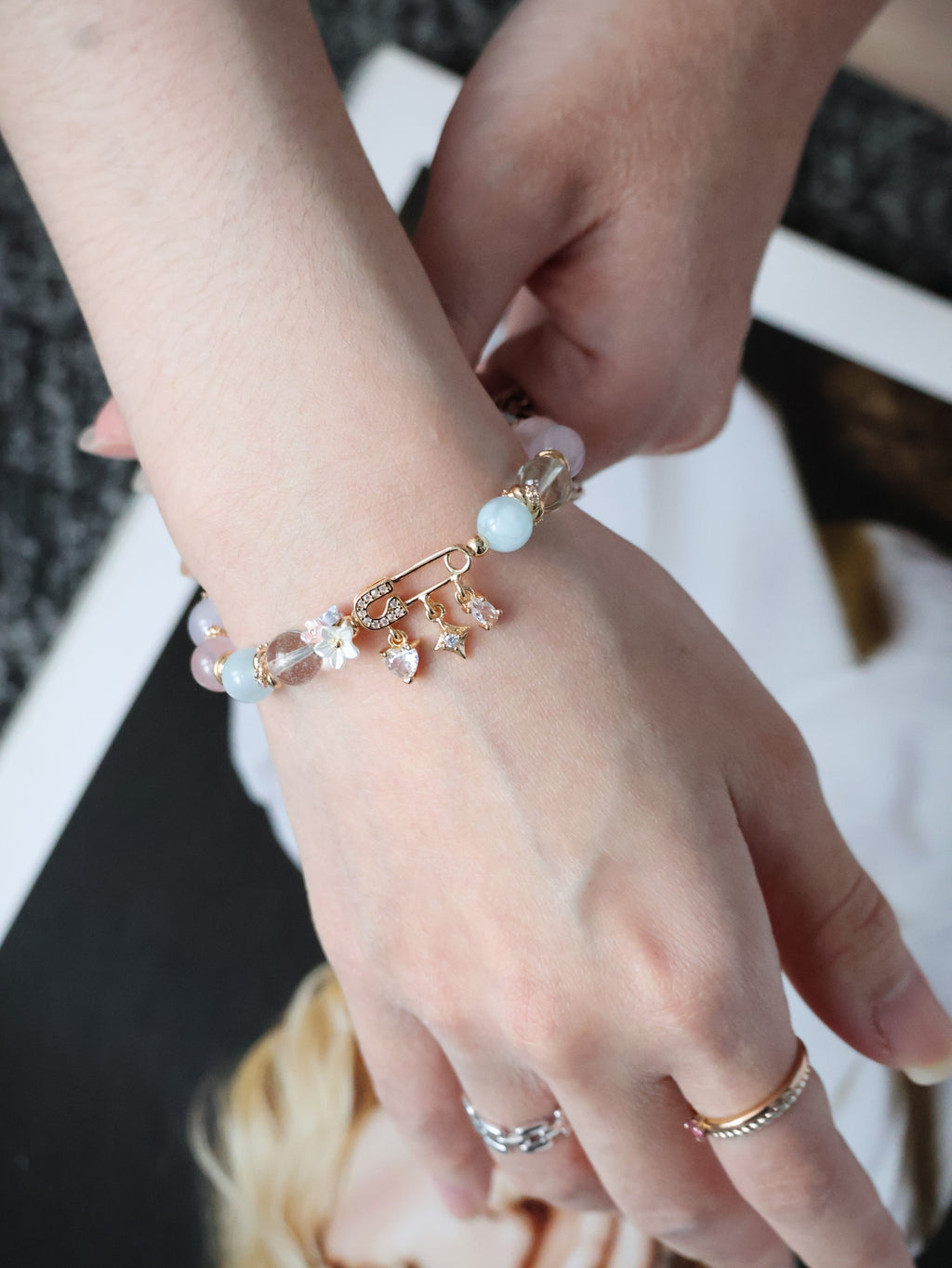Rose Quartz, Lilac Chalcedony, Aquamarine & Green Phantom Quartz Crystal Bracelet ¡ª Genevieve | 8mm (Safety Pin Charm, Elastic)