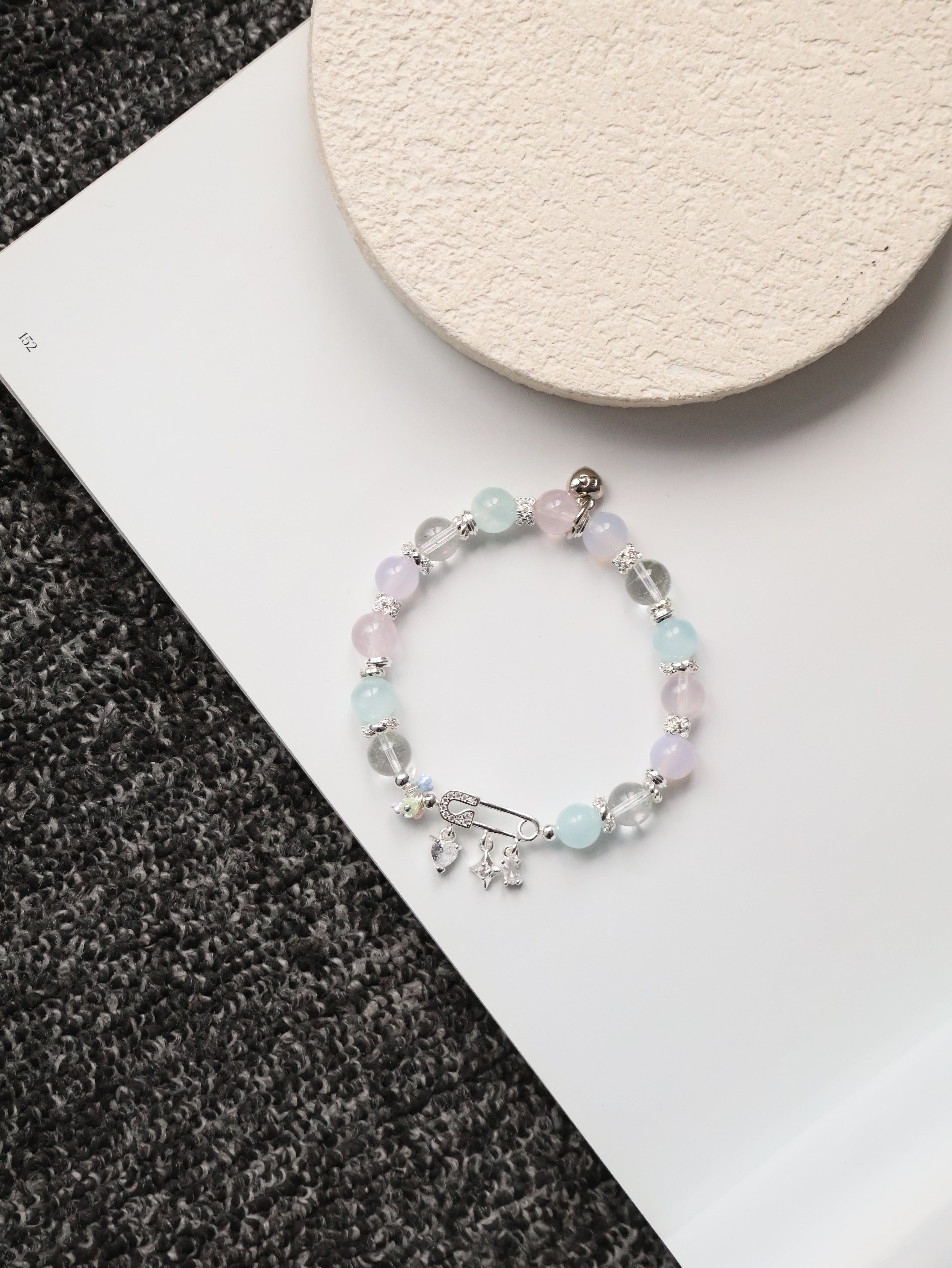Rose Quartz, Lilac Chalcedony, Aquamarine & Green Phantom Quartz Crystal Bracelet ¡ª Genevieve | 8mm (Safety Pin Charm, Elastic)