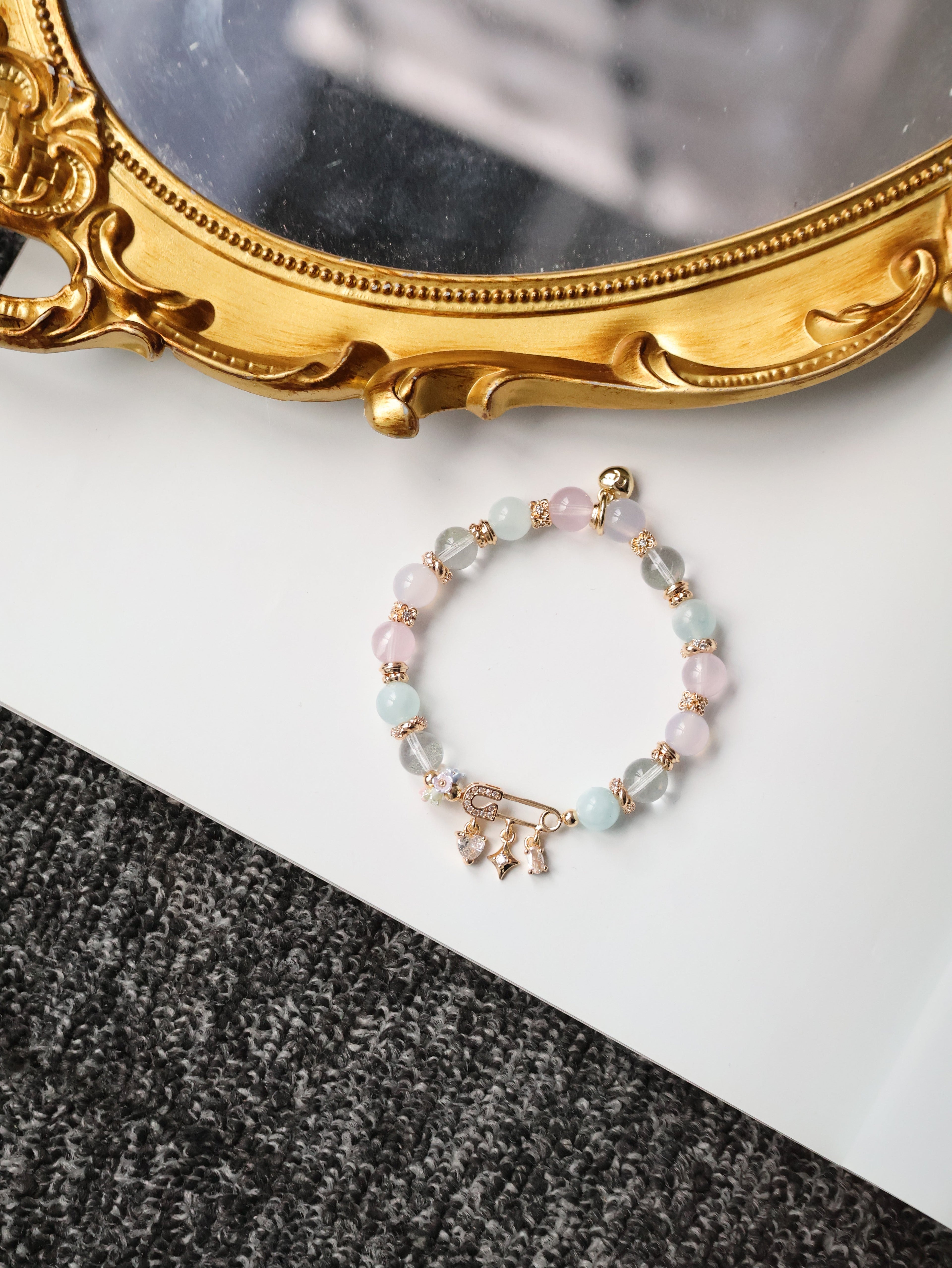 Rose Quartz, Lilac Chalcedony, Aquamarine & Green Phantom Quartz Crystal Bracelet ¡ª Genevieve | 8mm (Safety Pin Charm, Elastic)