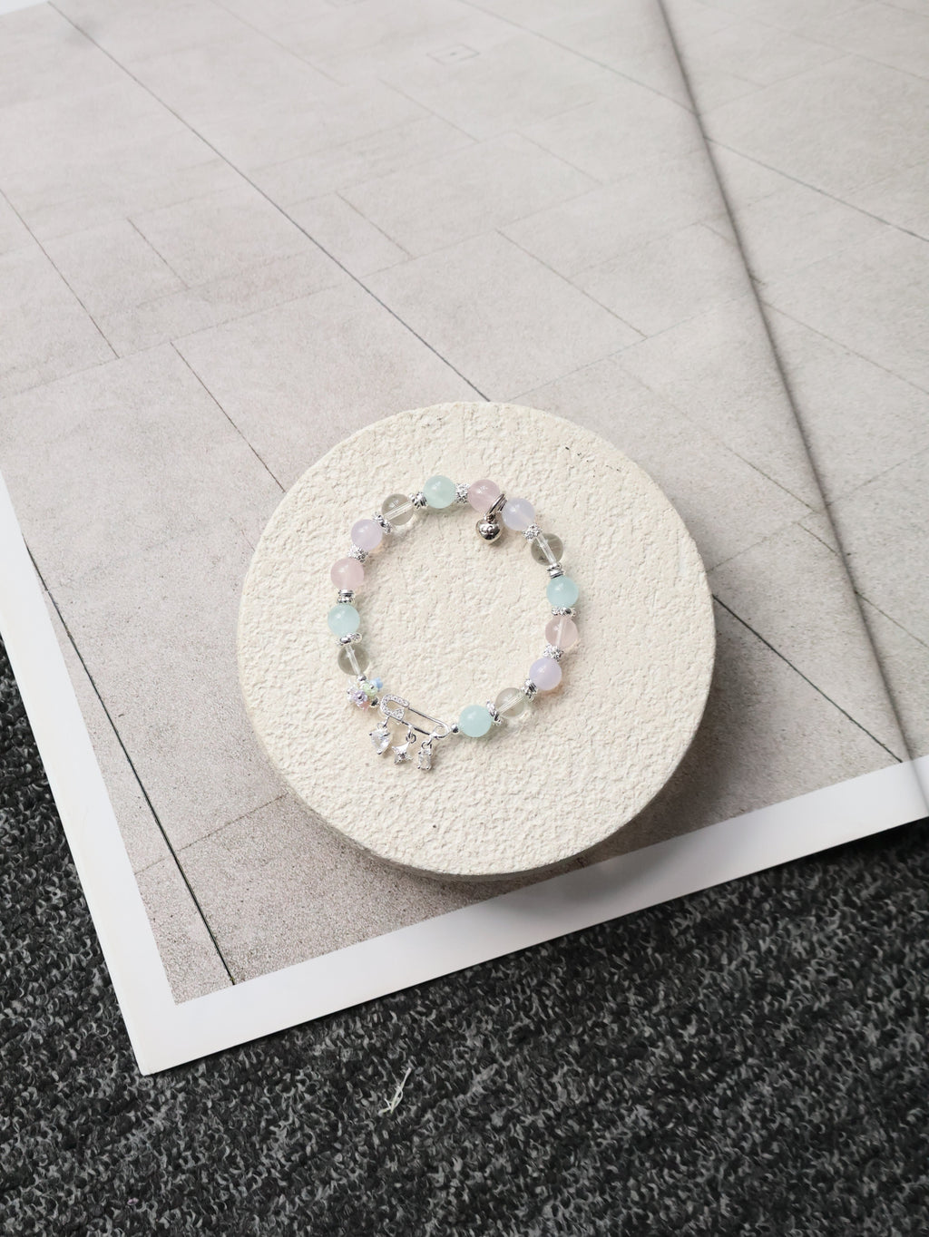 Rose Quartz, Lilac Chalcedony, Aquamarine & Green Phantom Quartz Crystal Bracelet ¡ª Genevieve | 8mm (Safety Pin Charm, Elastic)